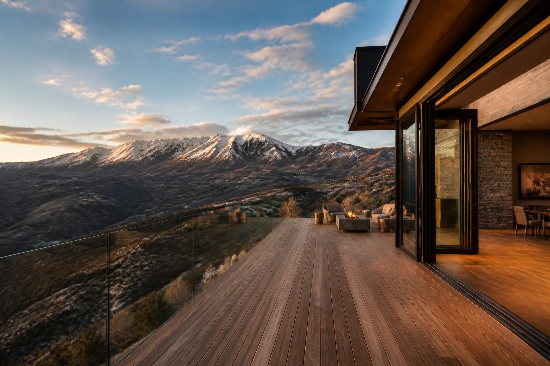 Cantilevered mountain-modern custom deck in Alpine, Utah with glass guardrail and Lone Peak view at golden hour
