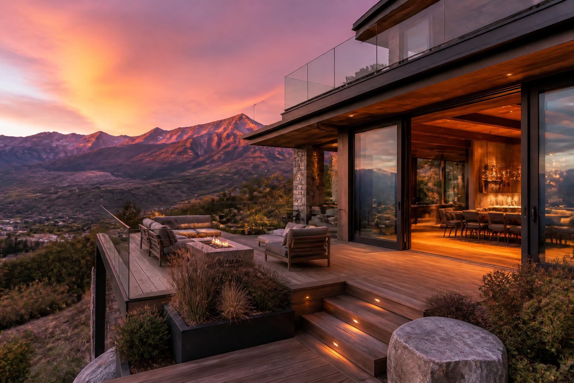 Multi-level mountain-modern deck stepping with a sloped Alpine and Highland Utah bench lot at sunset with open sliders revealing warm interior light