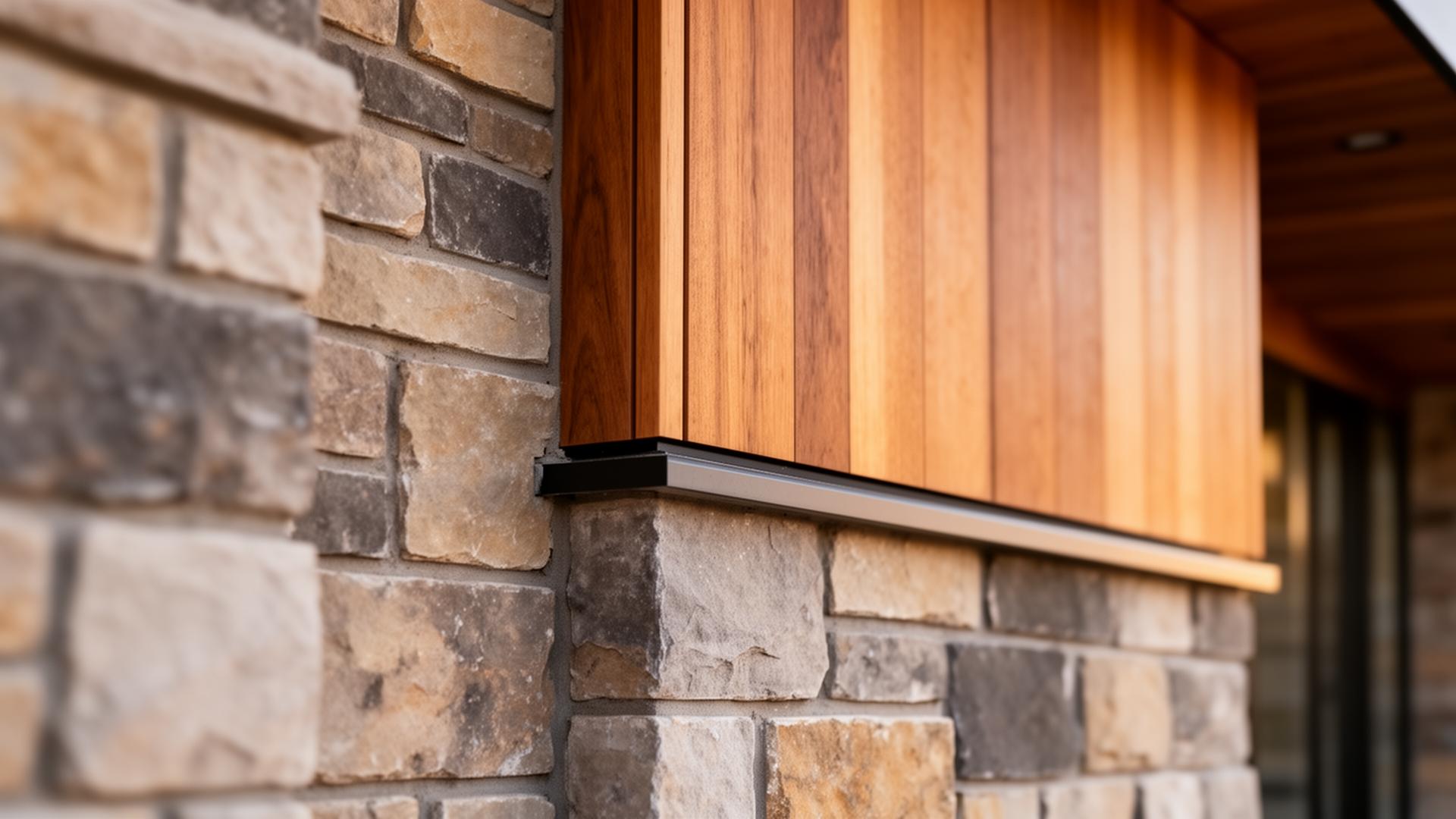 Close-up detail of luxury home construction craftsmanship showing stone masonry and wood cladding
