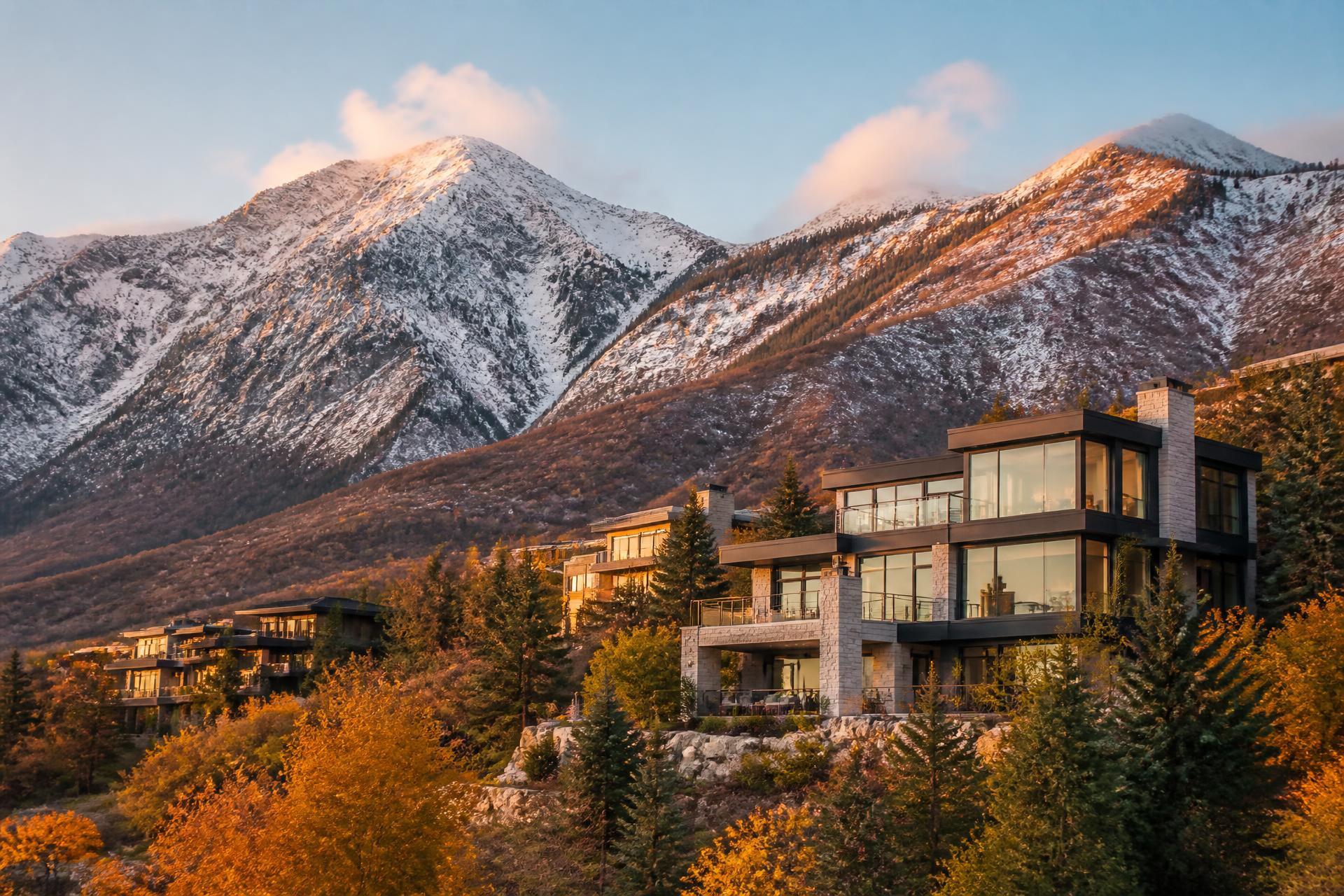 Hillside luxury homes in Cottonwood Heights, Utah at golden hour with snow-dusted Wasatch peaks behind them