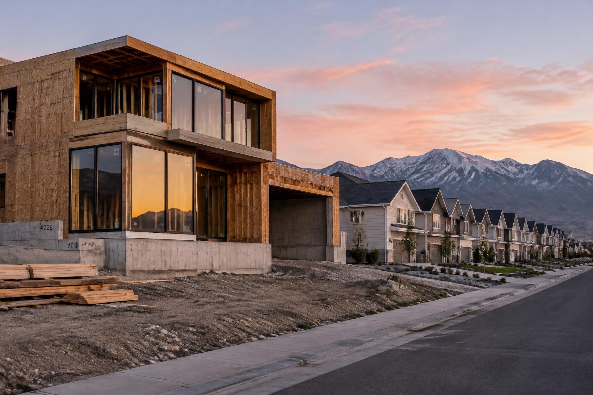 Side-by-side comparison of a custom-designed modern home and a production subdivision home in Lehi, Utah