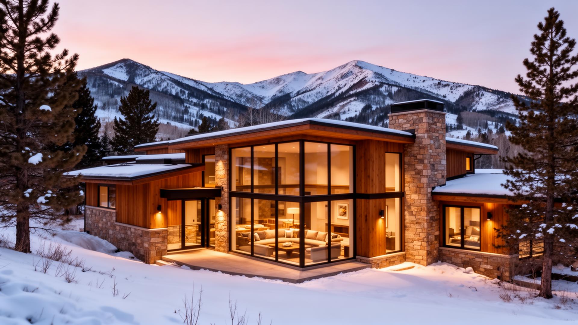 Luxury modern mountain home in Park City Utah at winter twilight with snow and pine trees