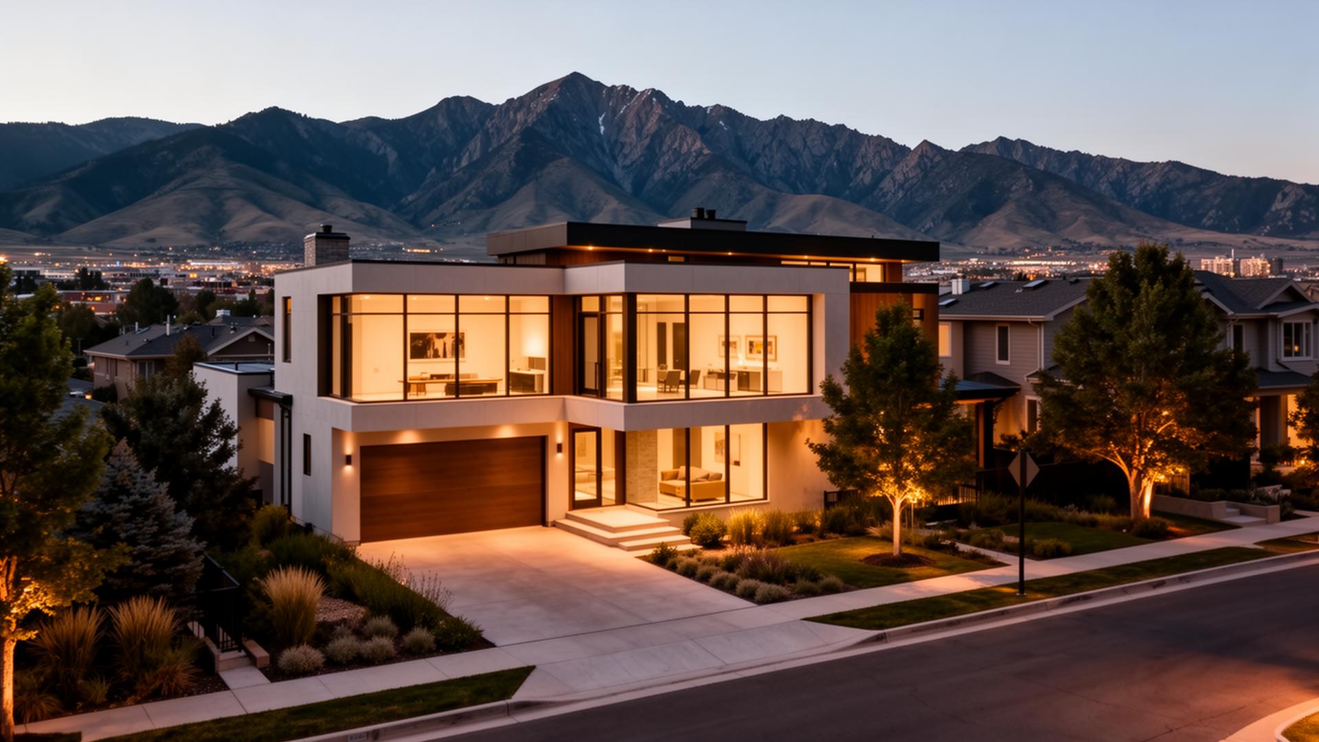 Modern luxury custom home in Salt Lake City at dusk with Wasatch mountains in background