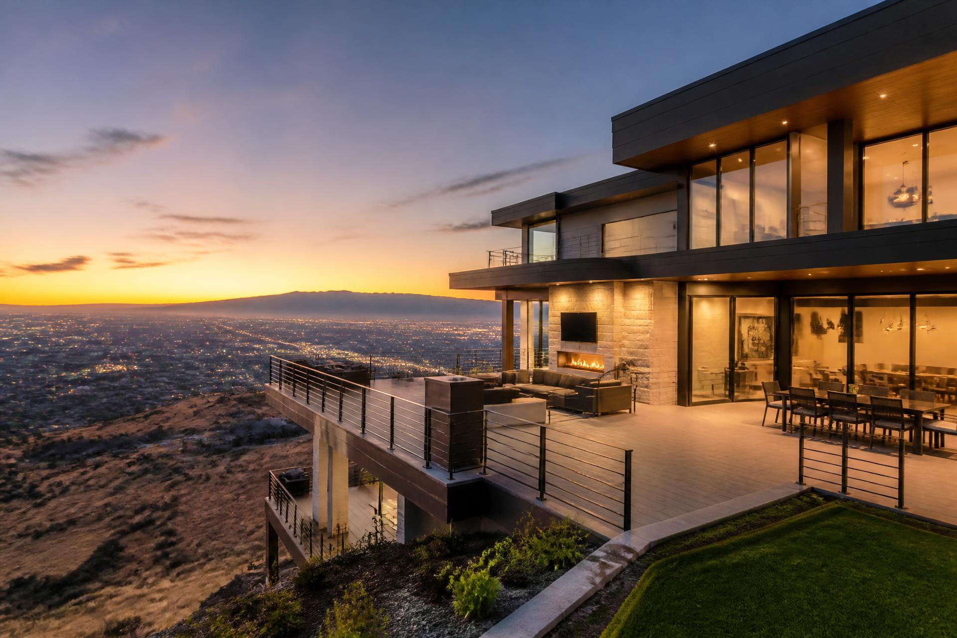 Contemporary custom home in Draper, Utah on a bench lot with cantilevered deck overlooking the Salt Lake Valley at sunset