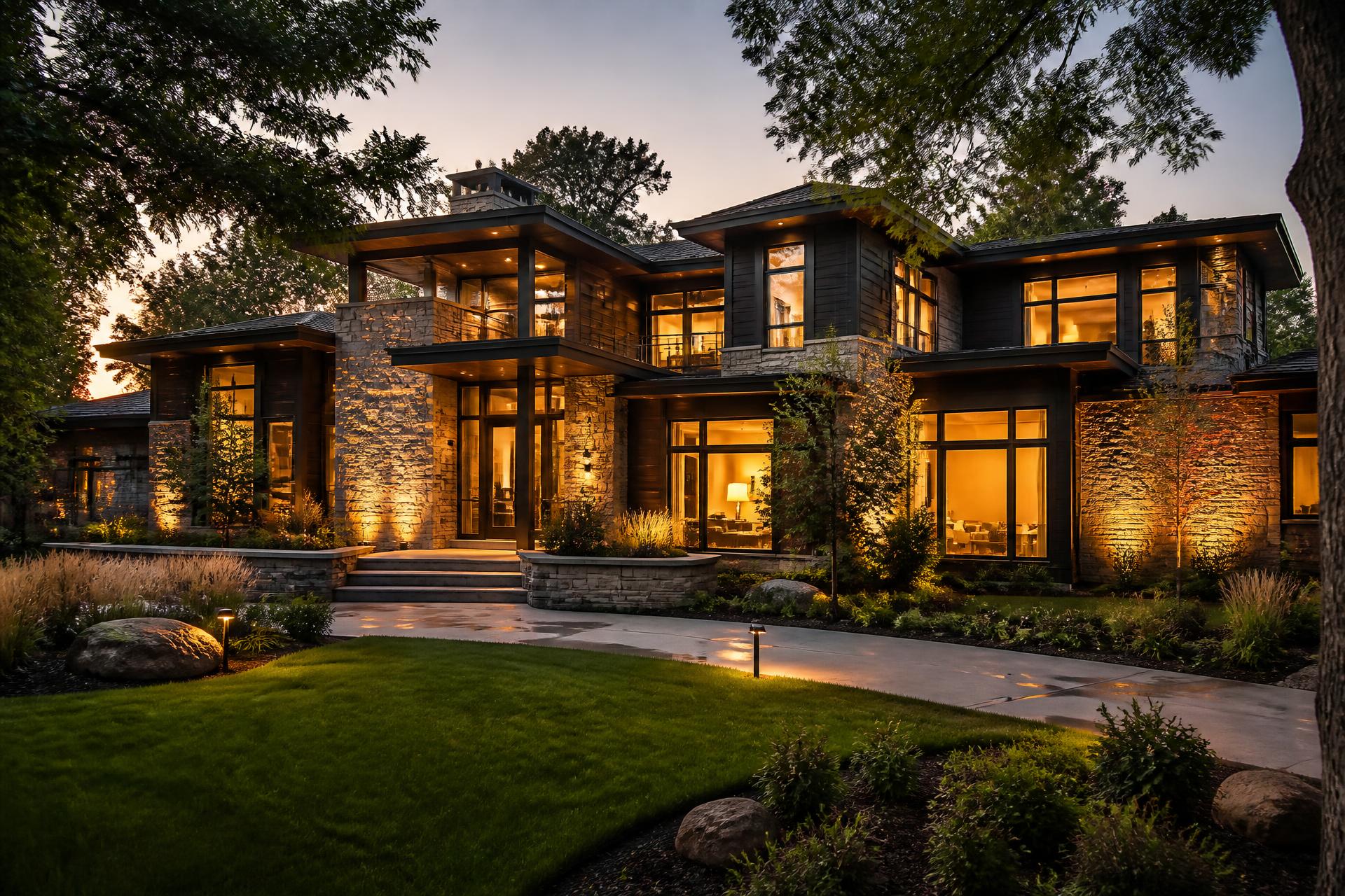 Luxury custom home in Holladay, Utah on a mature tree-lined lot with stone and dark wood facade glowing at dusk