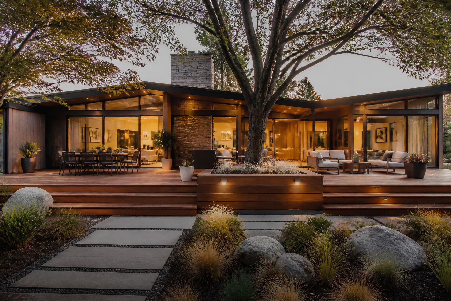 Renovated mid-century modern home in Millcreek, Utah with large glass walls, cedar deck, and mature trees at dusk