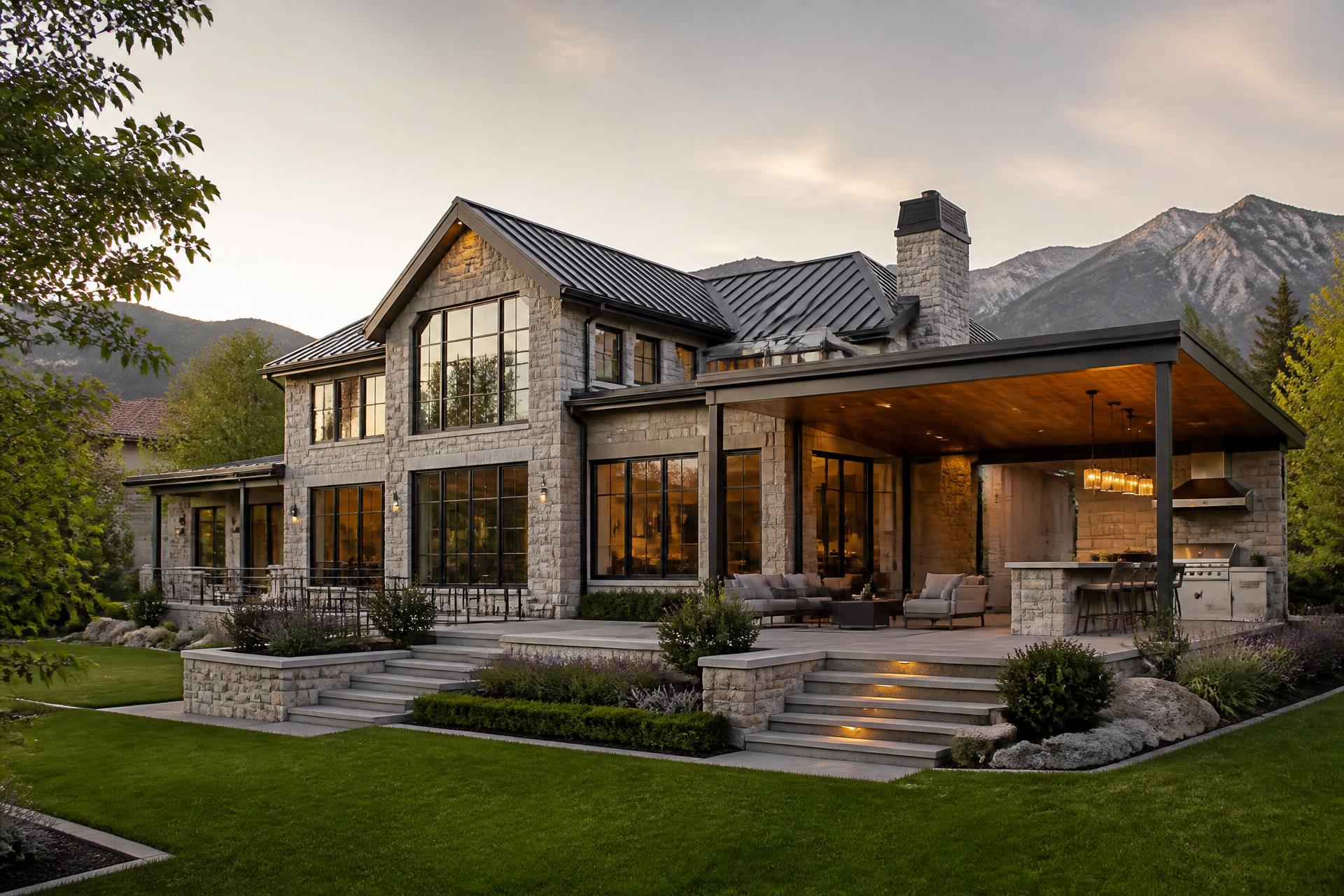 Luxury remodeled home exterior in Sandy, Utah with stone facade, steel windows, and covered outdoor kitchen against the Wasatch range