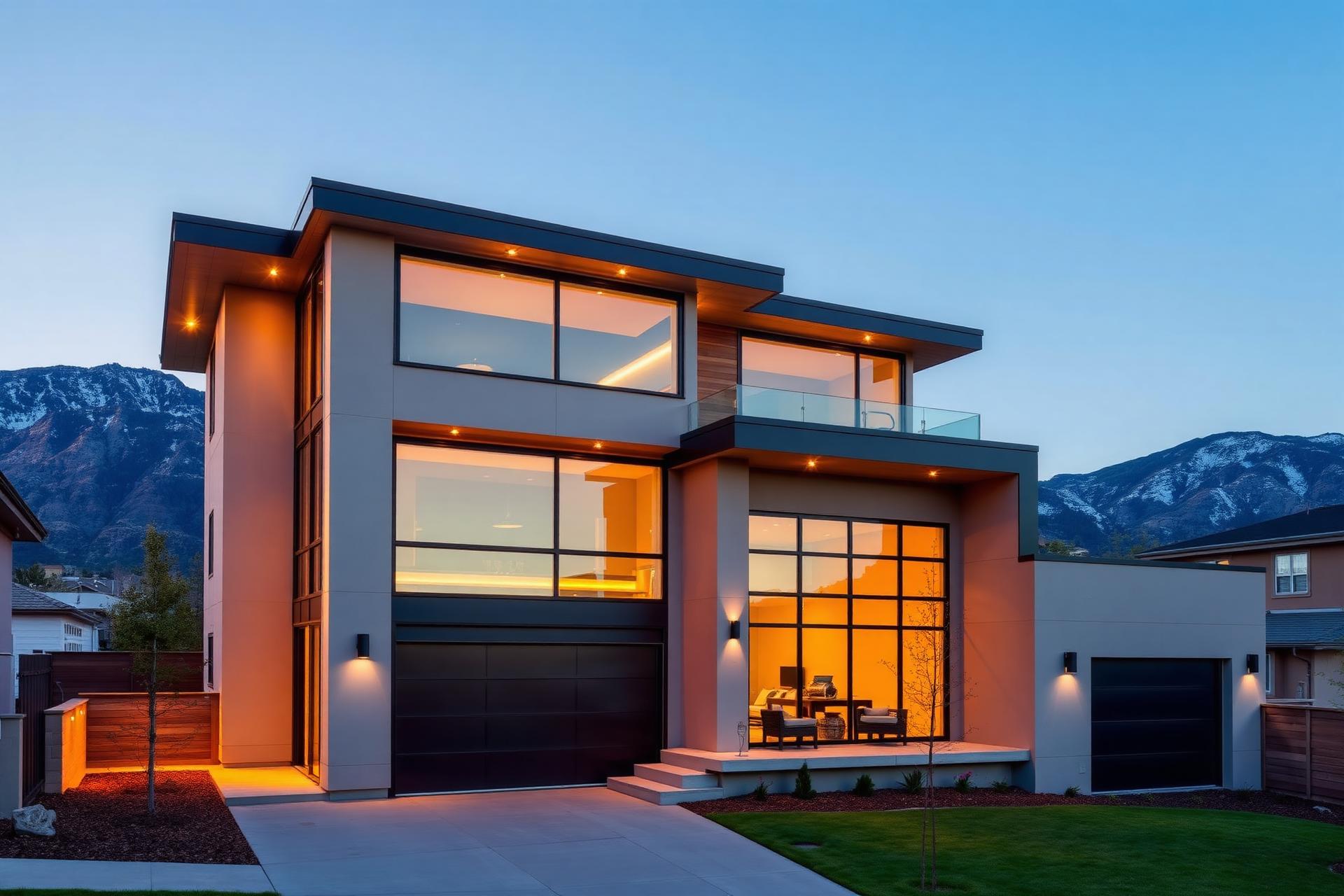 Modern luxury custom home in Salt Lake City Utah with Wasatch Mountains backdrop at twilight