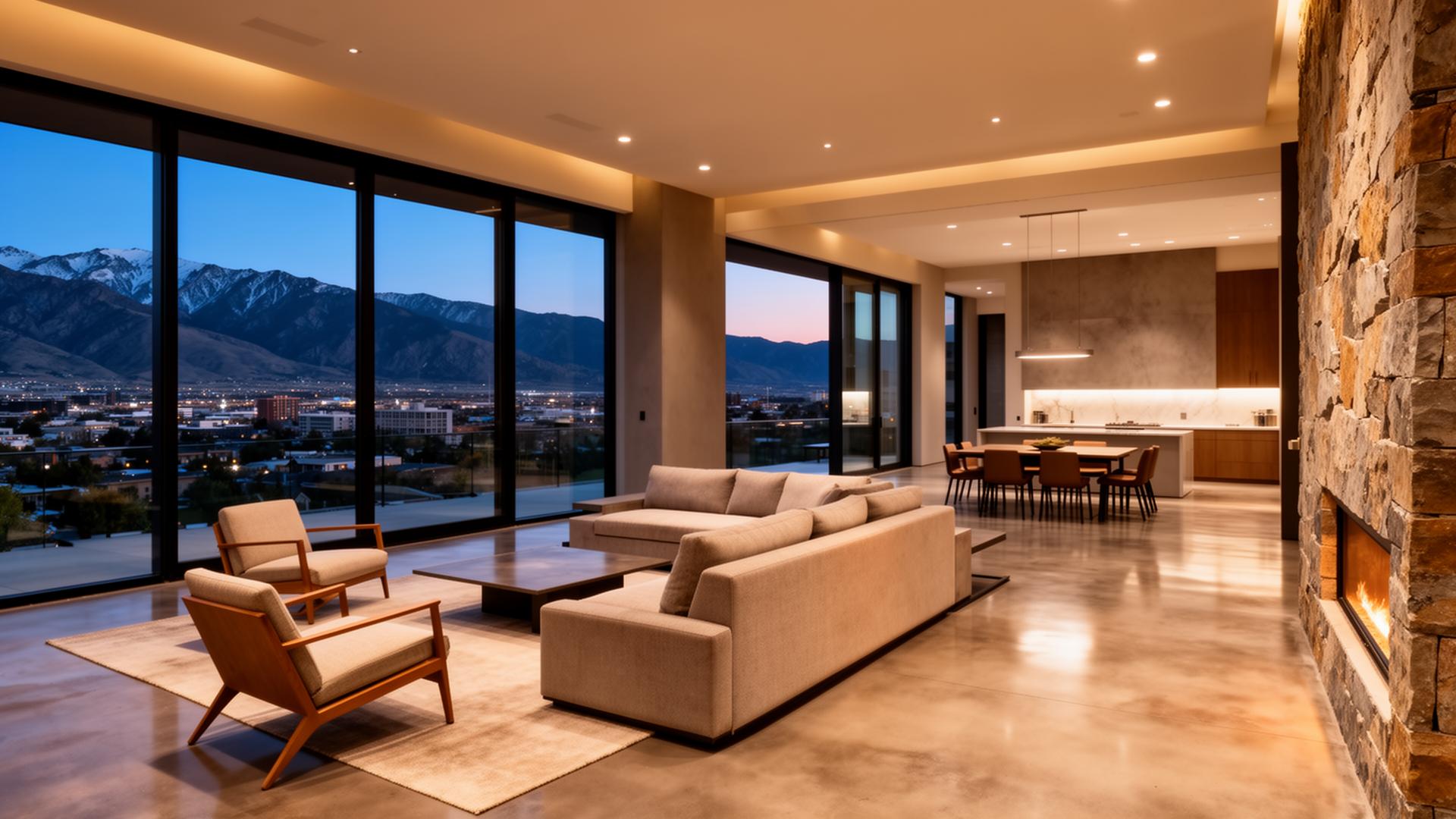 Luxury modern home interior in Salt Lake City with city and mountain views at twilight