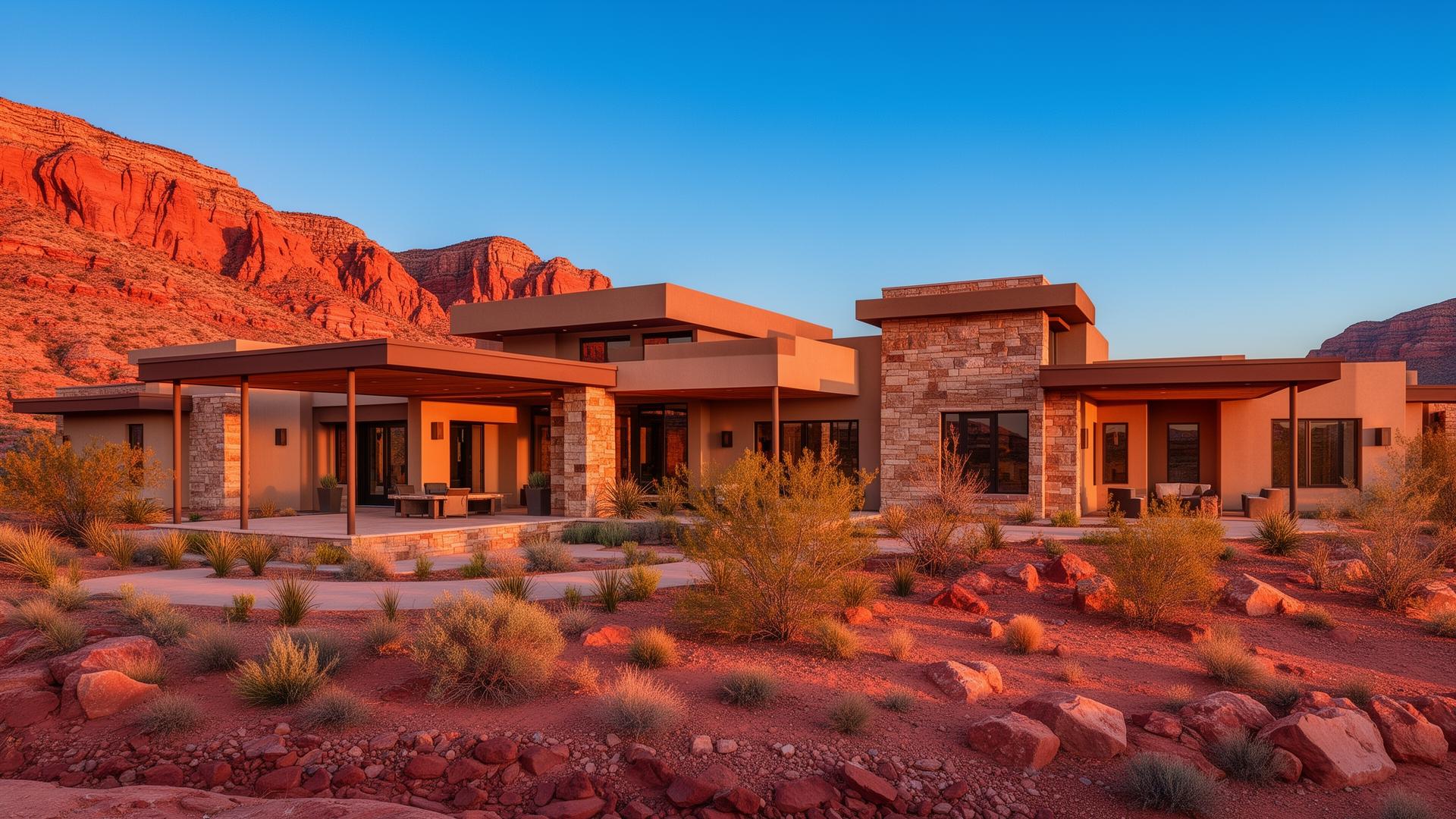 Luxury modern desert home in St George Utah with red rock landscape and contemporary architecture