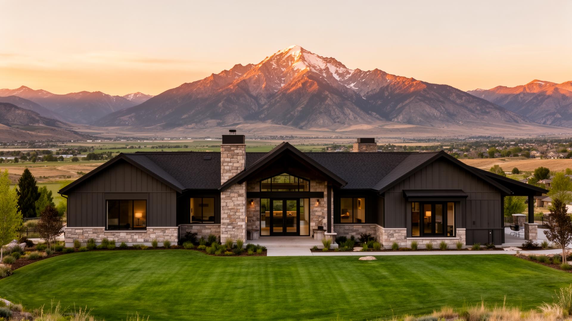 Luxury custom home in Utah County with Mount Timpanogos in background at golden hour