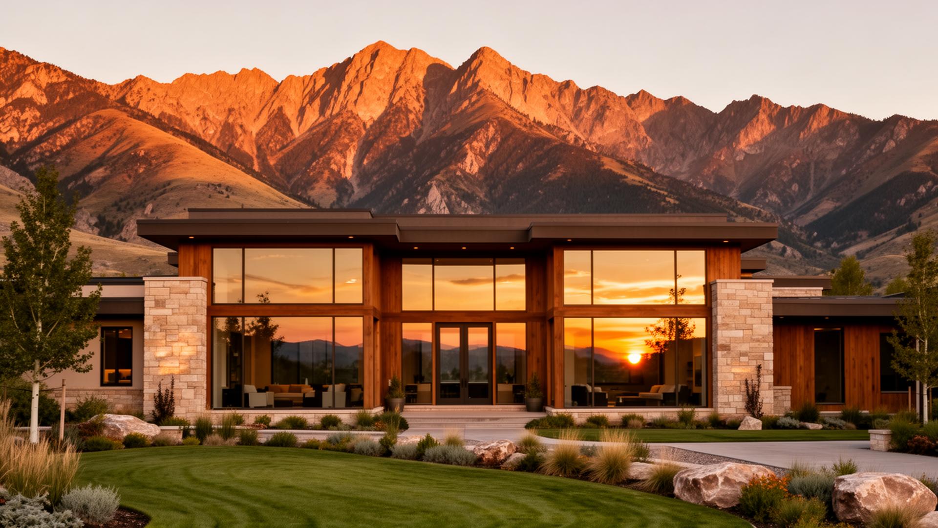 Luxury custom home exterior in Utah with mountain backdrop and warm golden hour lighting