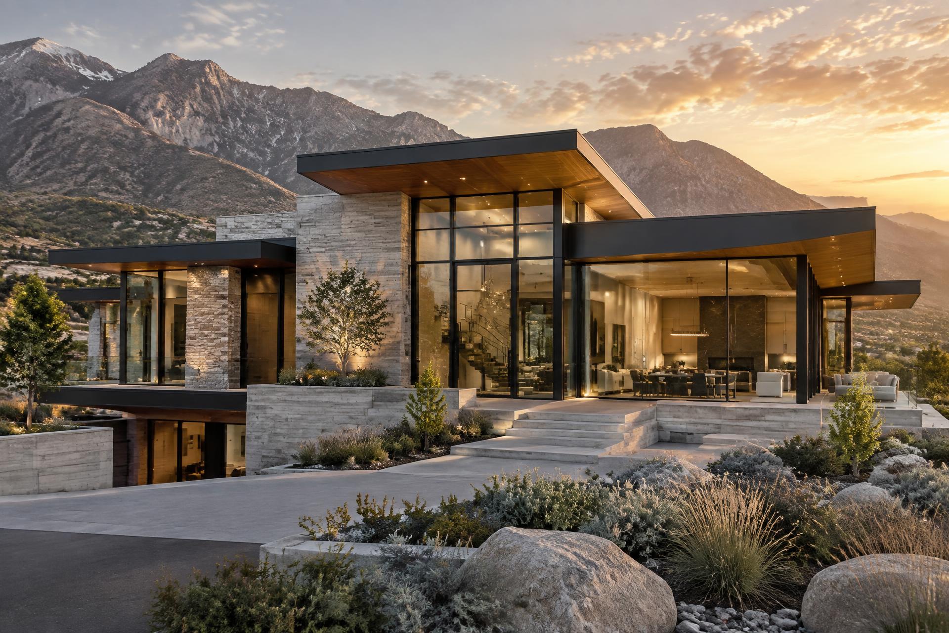 Modern luxury custom home under construction in Lehi, Utah with Wasatch Range and Traverse Mountain in the background