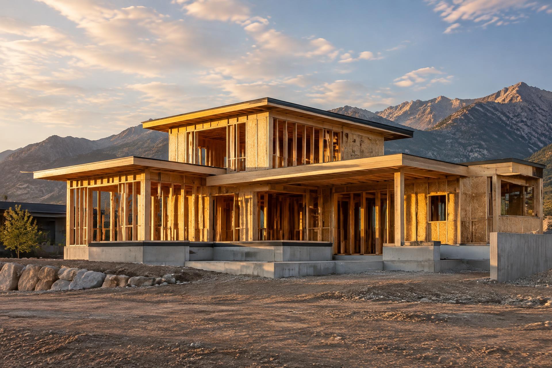 Framing crew working on a custom home construction site in Lehi, Utah during the framing phase