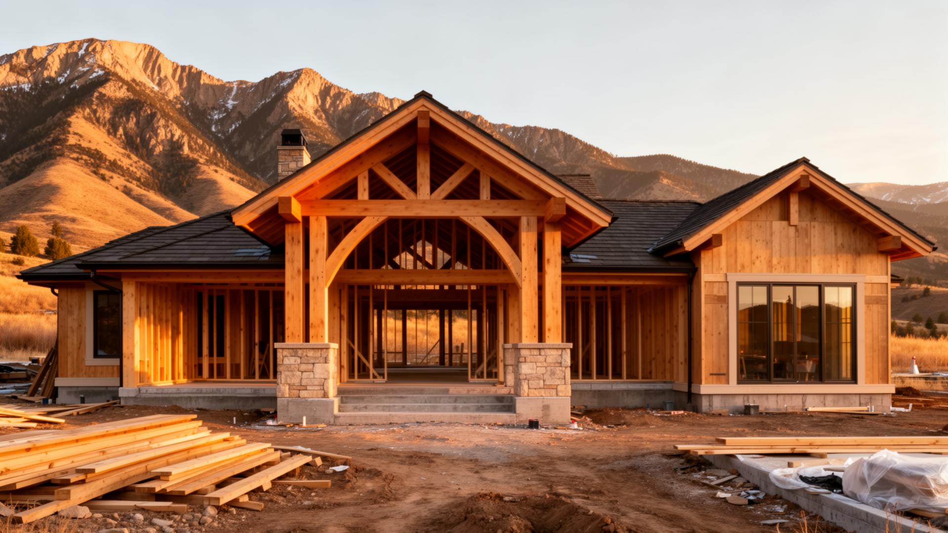 Custom home under construction in Utah with timber framing and mountain backdrop at golden hour