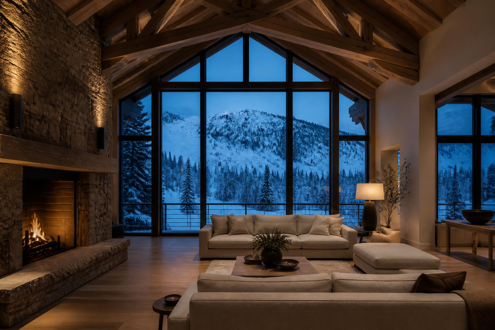 Renovated Park City mountain home great room with preserved timber structure, new floor-to-ceiling glazing, and snow-covered Wasatch view