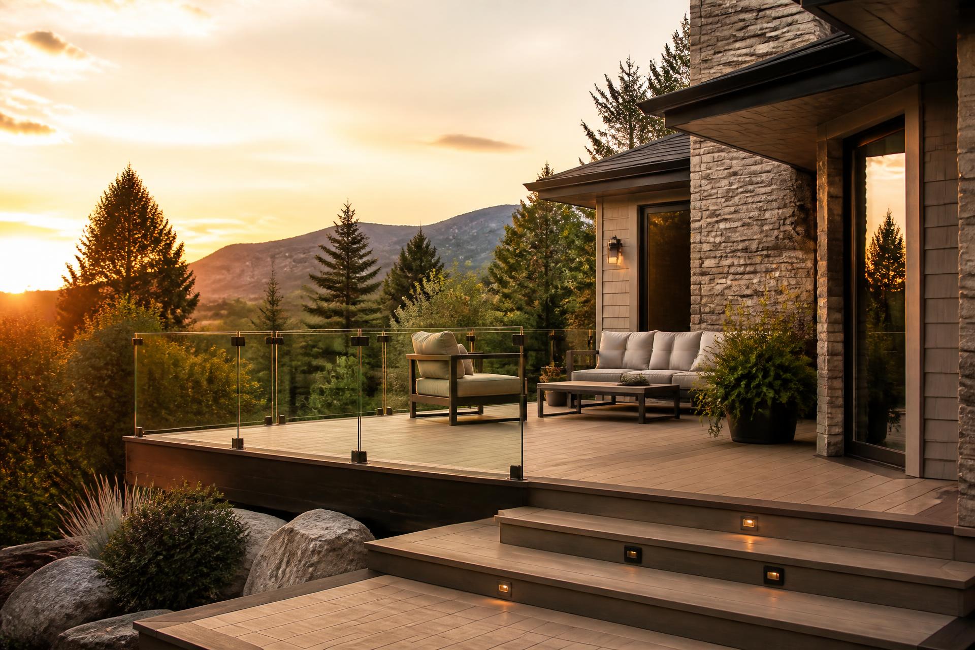 Rebuilt luxury deck on an established Utah home with new glass guardrail, picture-framed decking, and mature landscaping at golden hour
