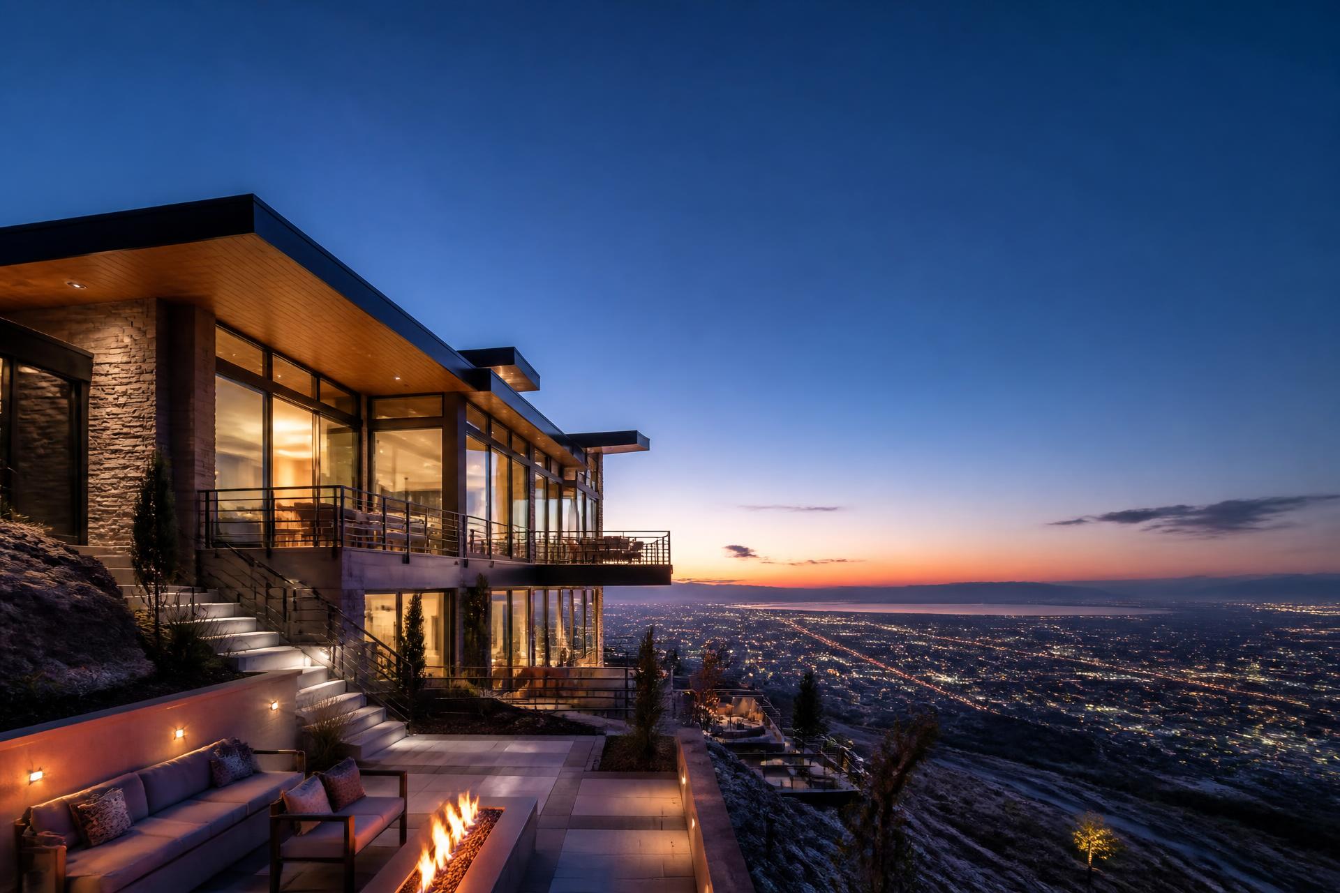 Modern luxury home on a Draper, Utah hillside overlooking the lights of the Salt Lake Valley at twilight