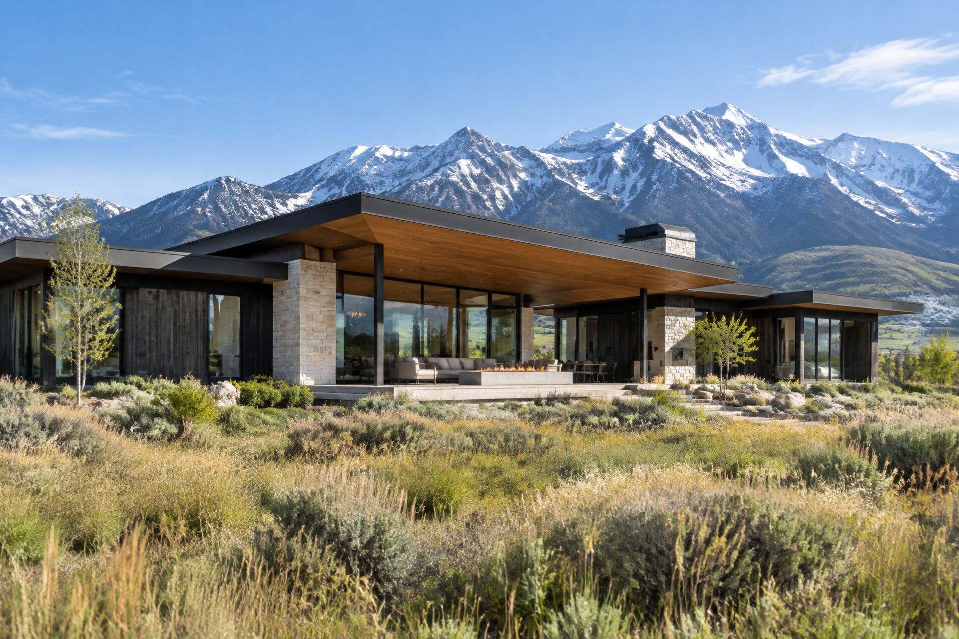 Modern custom home in a Heber Valley meadow below the Wasatch peaks