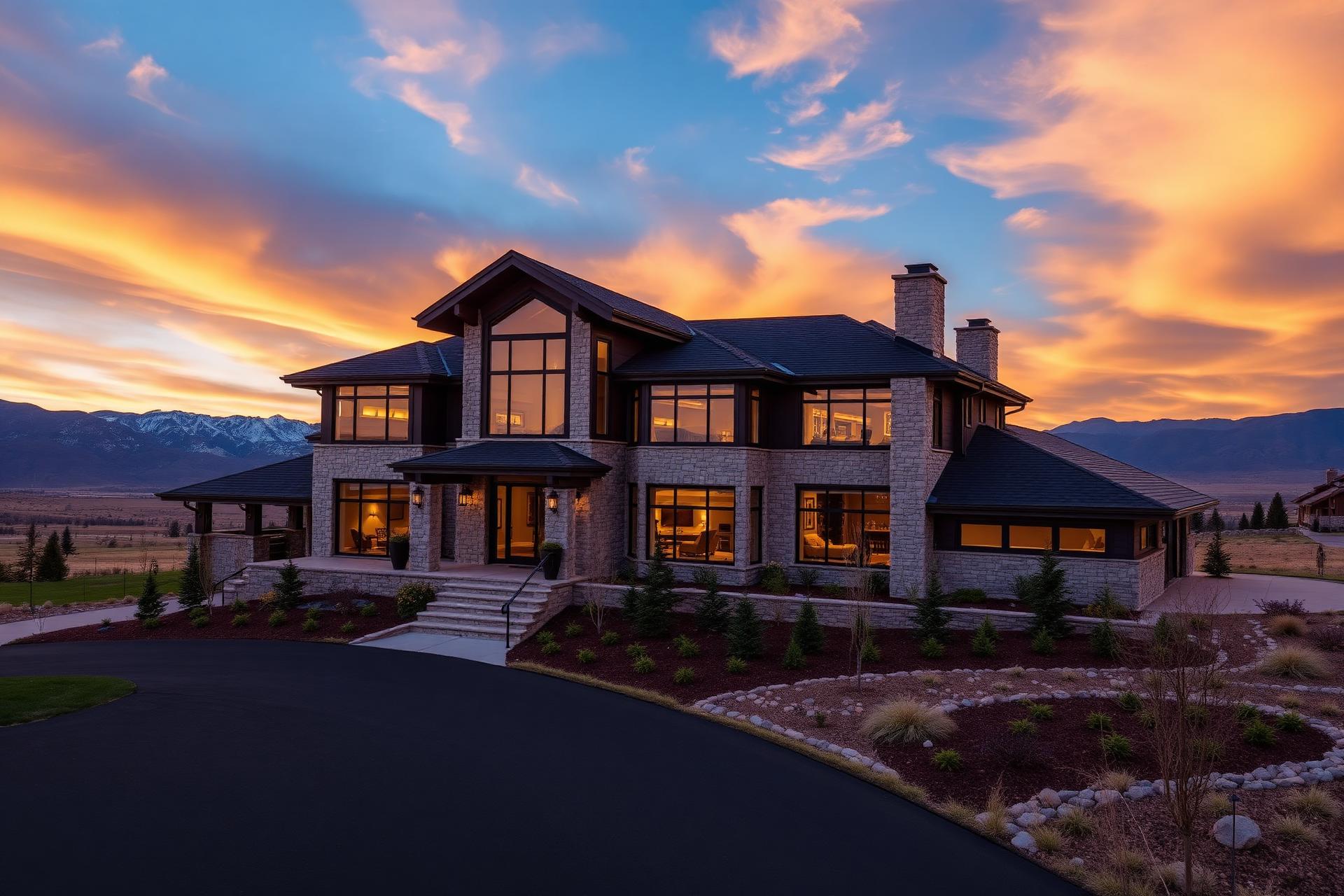 Luxury custom estate home in Highland Utah with panoramic mountain views at sunset
