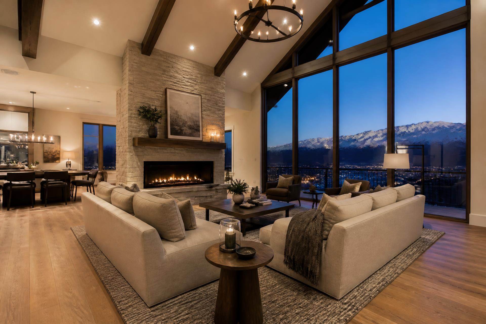 Luxury whole-home remodel great room in Highland, Utah with floor-to-ceiling windows and Wasatch mountain backdrop at dusk