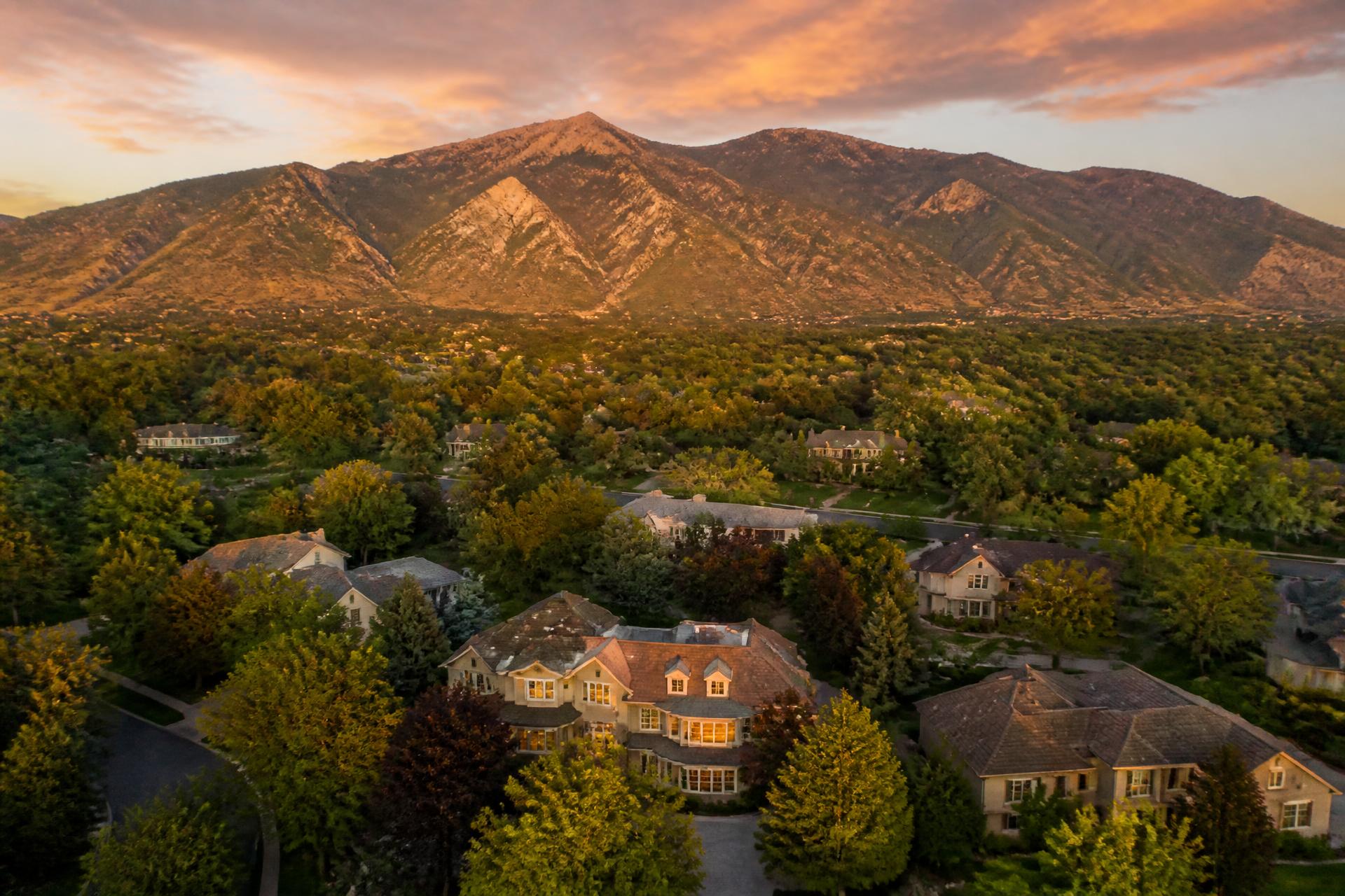 Aerial view of luxury homes under a mature tree canopy in Holladay, Utah with Mount Olympus glowing at sunset