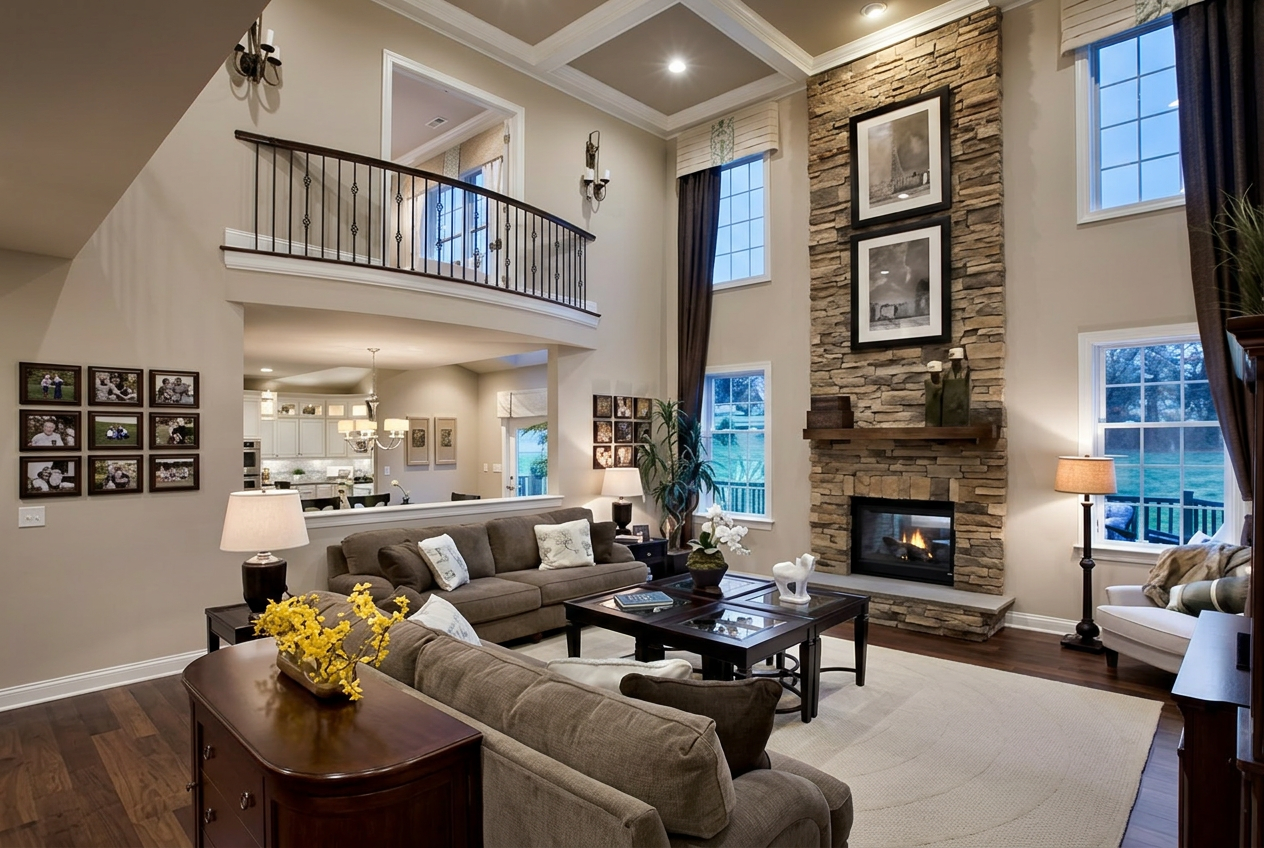 Luxury custom home great room in Utah with floor-to-ceiling windows and mountain views