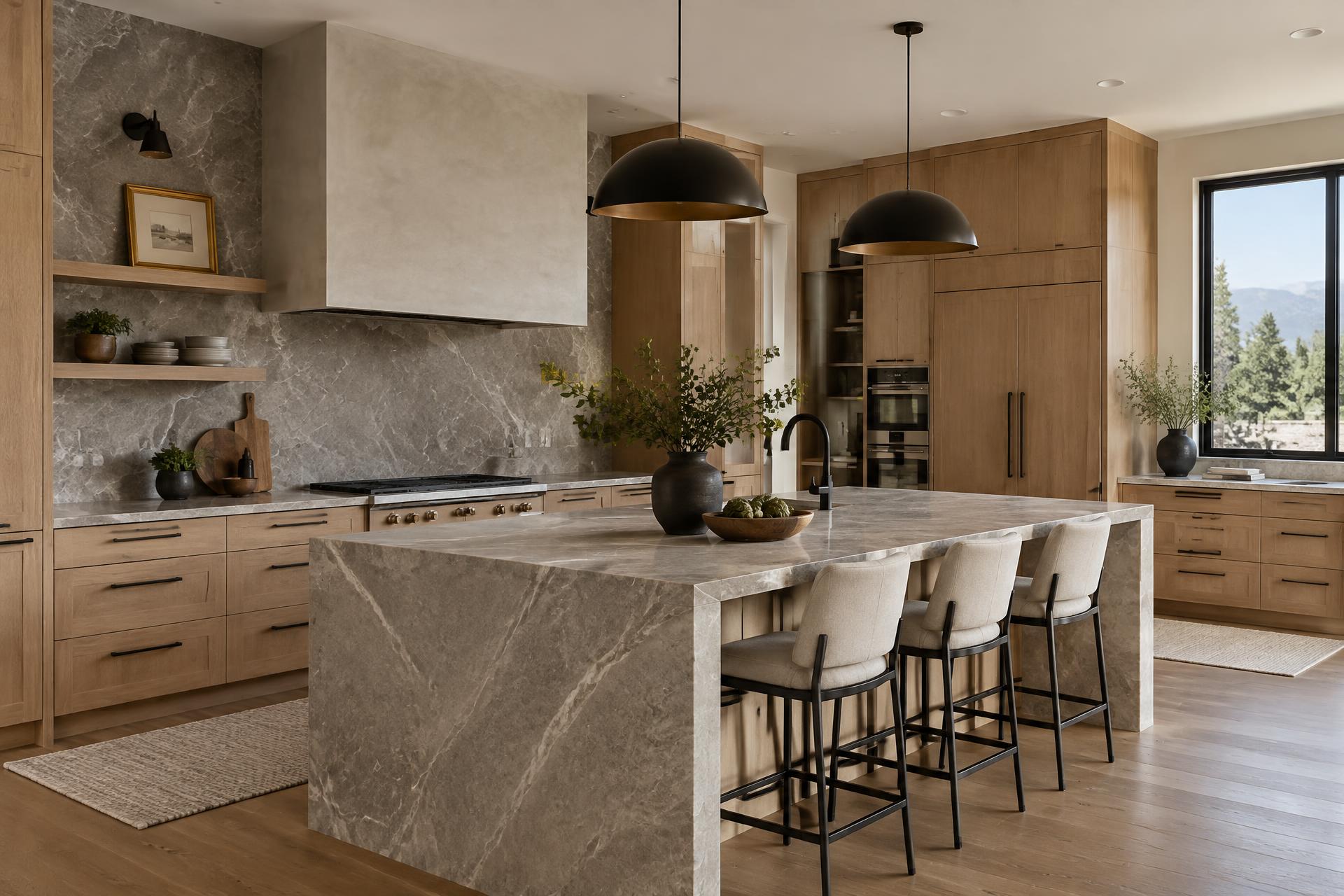 Luxury custom kitchen remodel in a Salt Lake City home with natural stone island, custom cabinetry, and integrated lighting
