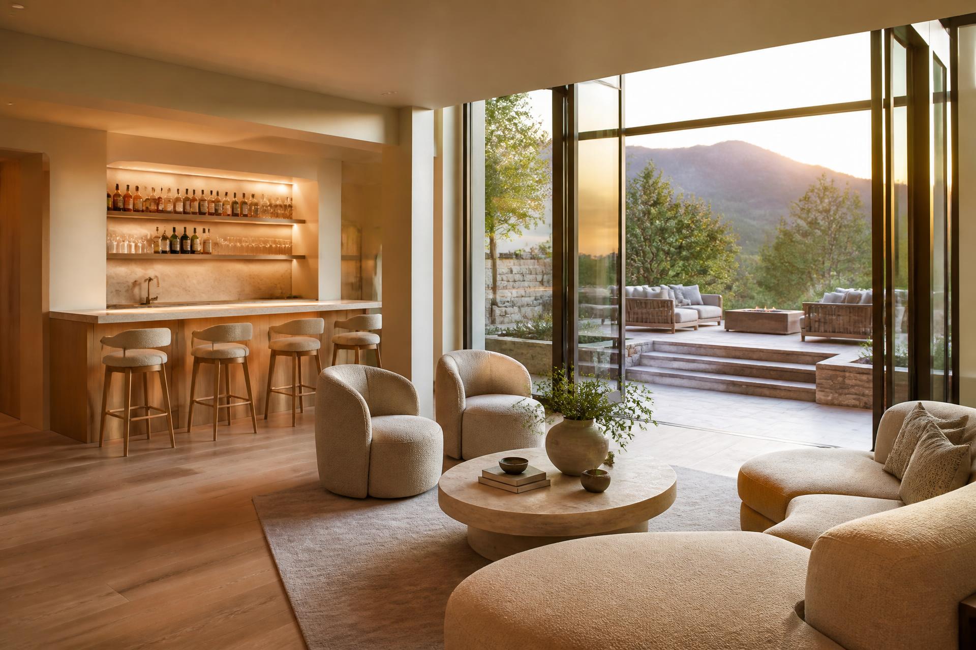 Luxury finished lower level in a Utah home with walkout glazing, warm materials, and refined lounge and bar detailing