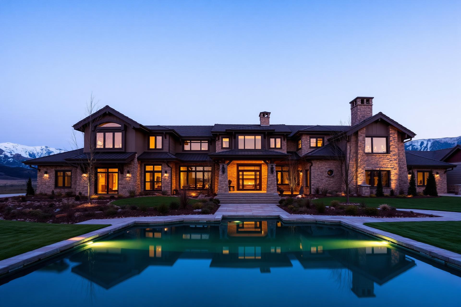Ultra-luxury custom estate in Utah mountains with reflecting pool and snow-capped peaks