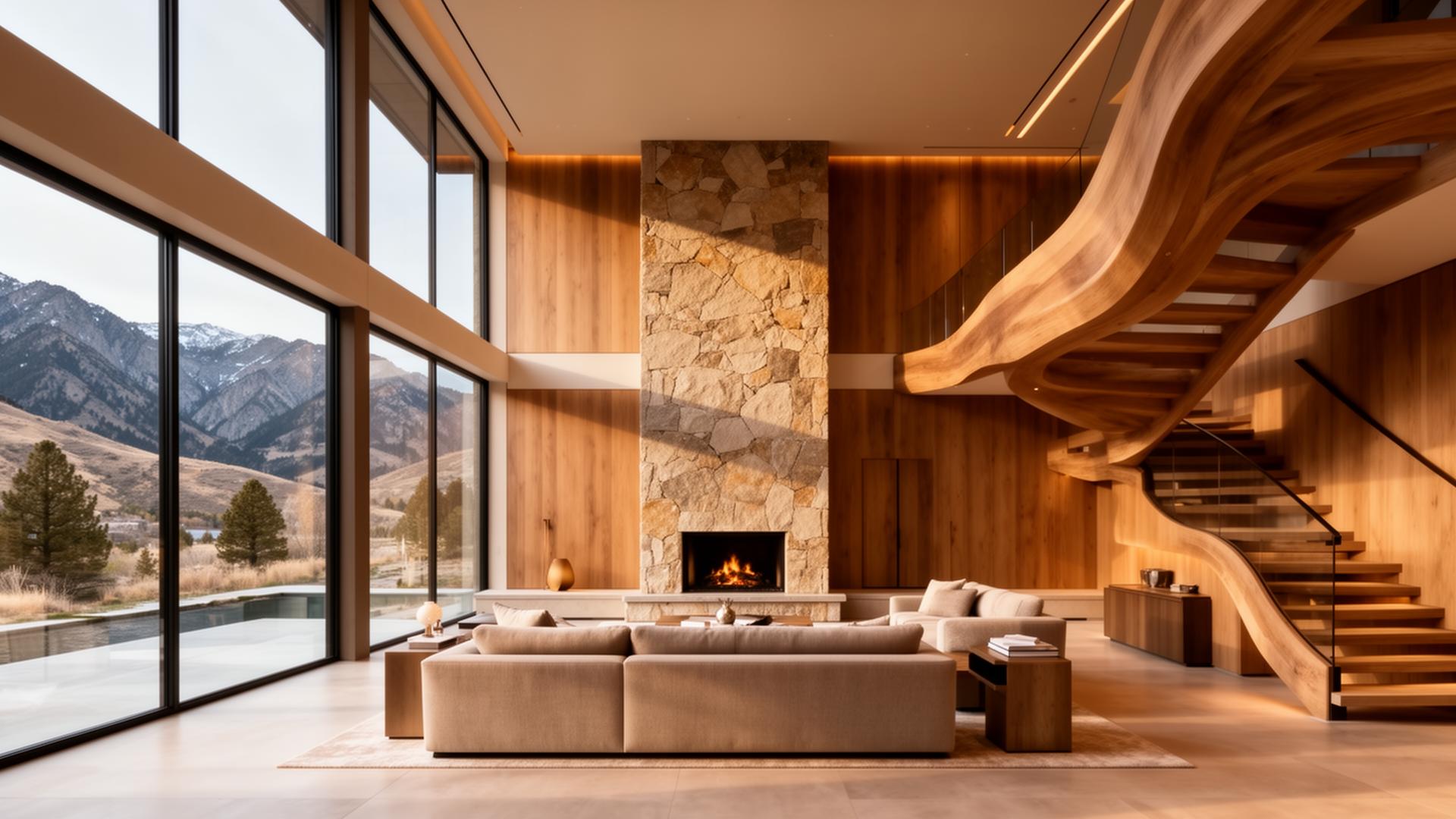 Ultra-luxury modern home interior great room in Utah with floor-to-ceiling windows and mountain views