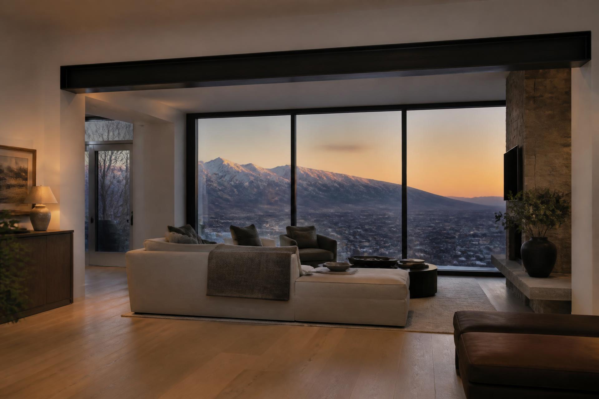 Luxury whole-home renovation great room in Utah with new structural opening, refined materials, and Wasatch mountain view at dusk