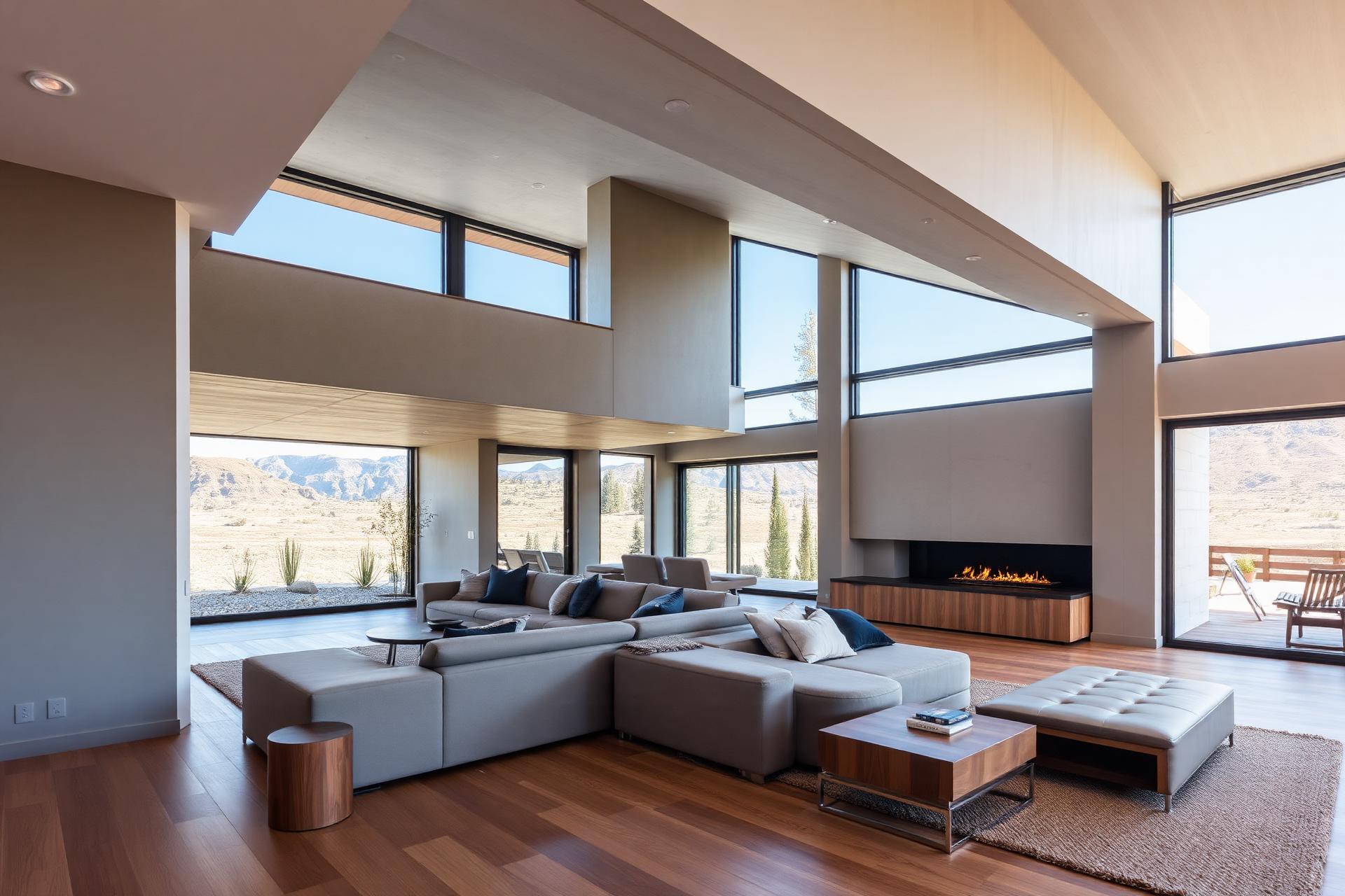 Modern minimalist luxury home interior in Utah with warm wood accents and mountain views