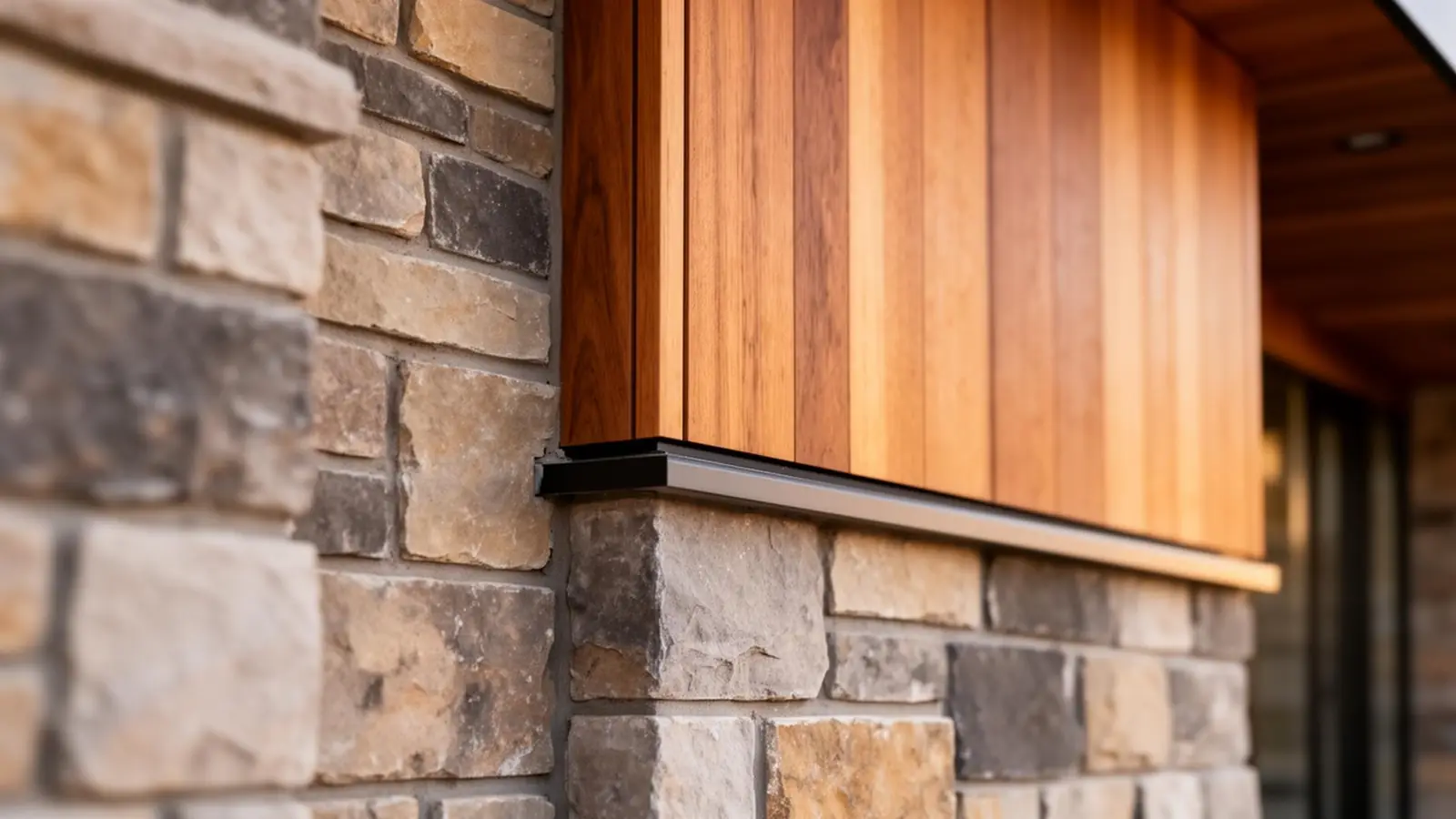 Close-up detail of luxury home construction craftsmanship showing stone masonry and wood cladding