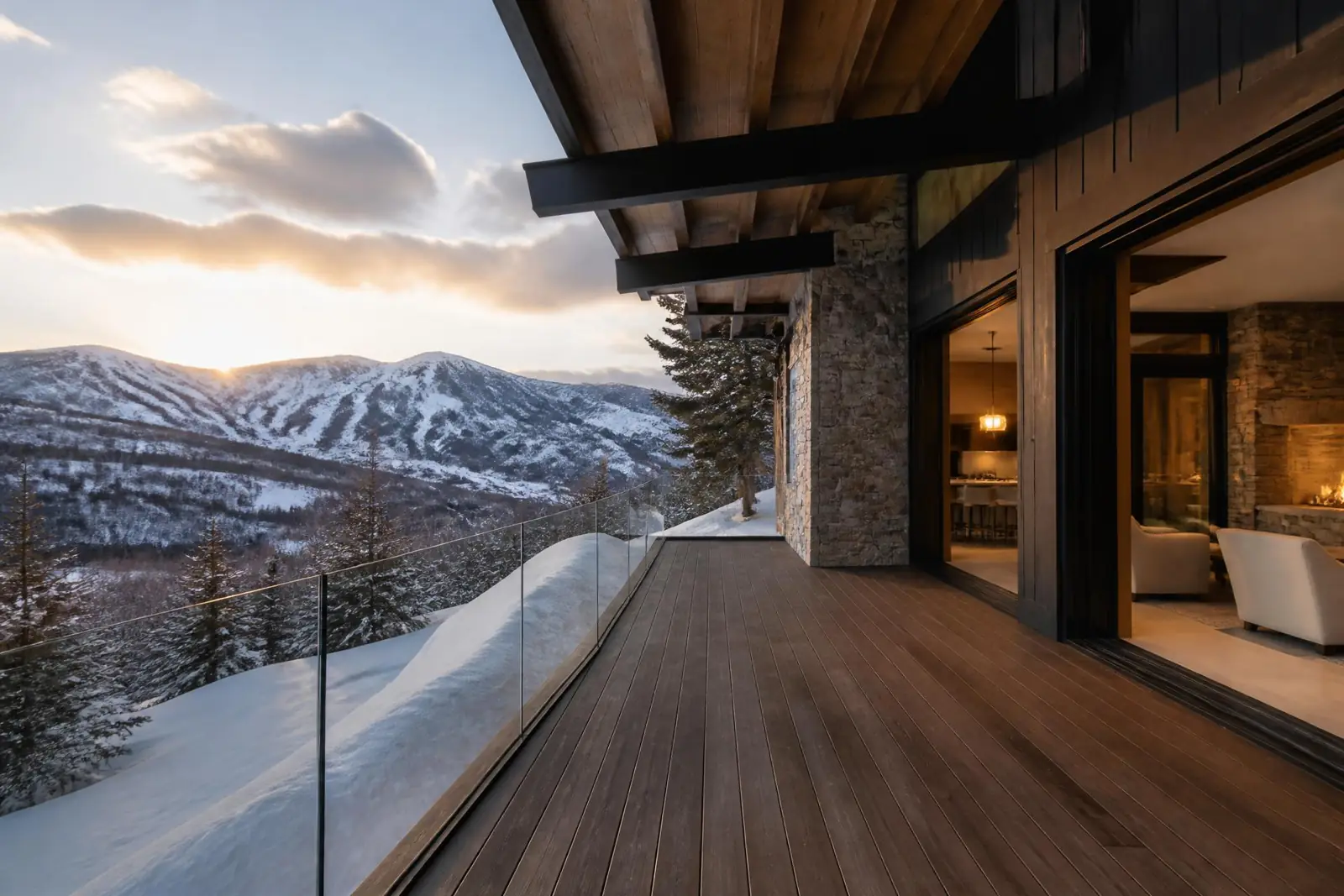 Mountain-modern custom deck at a Park City, Utah home with glass guardrail and snow-covered Wasatch backdrop in golden light