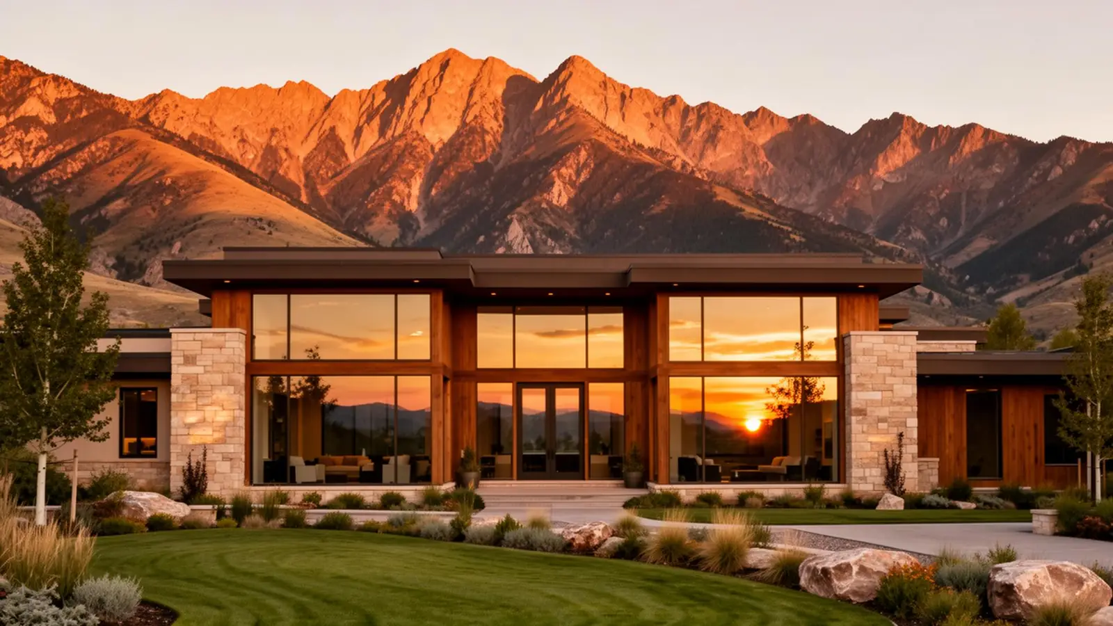 Luxury custom home exterior in Utah with mountain backdrop and warm golden hour lighting