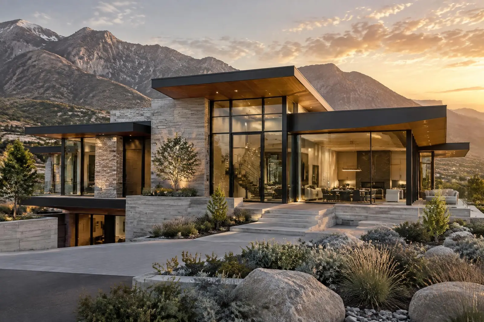 Modern luxury custom home under construction in Lehi, Utah with Wasatch Range and Traverse Mountain in the background