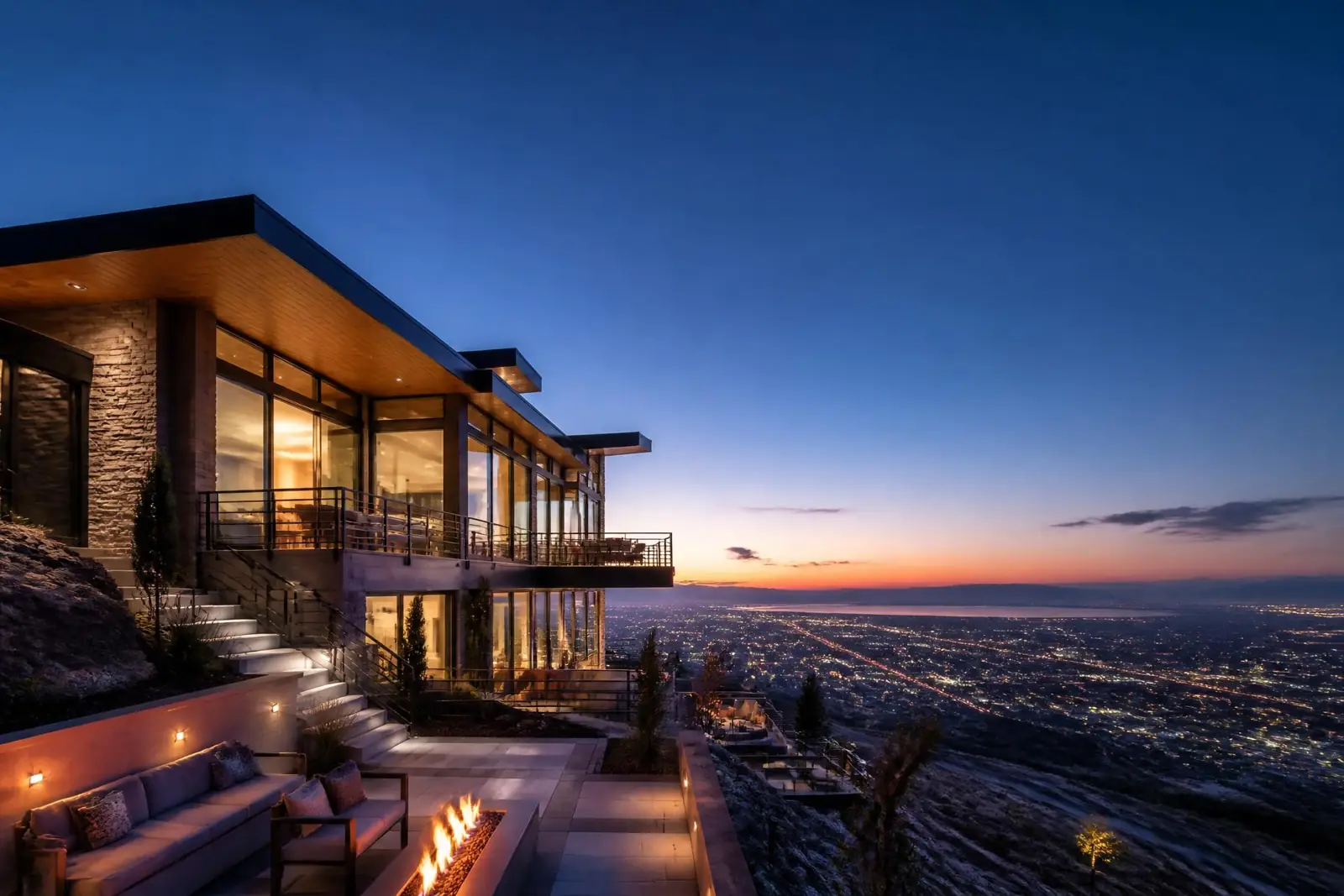 Modern luxury home on a Draper, Utah hillside overlooking the lights of the Salt Lake Valley at twilight