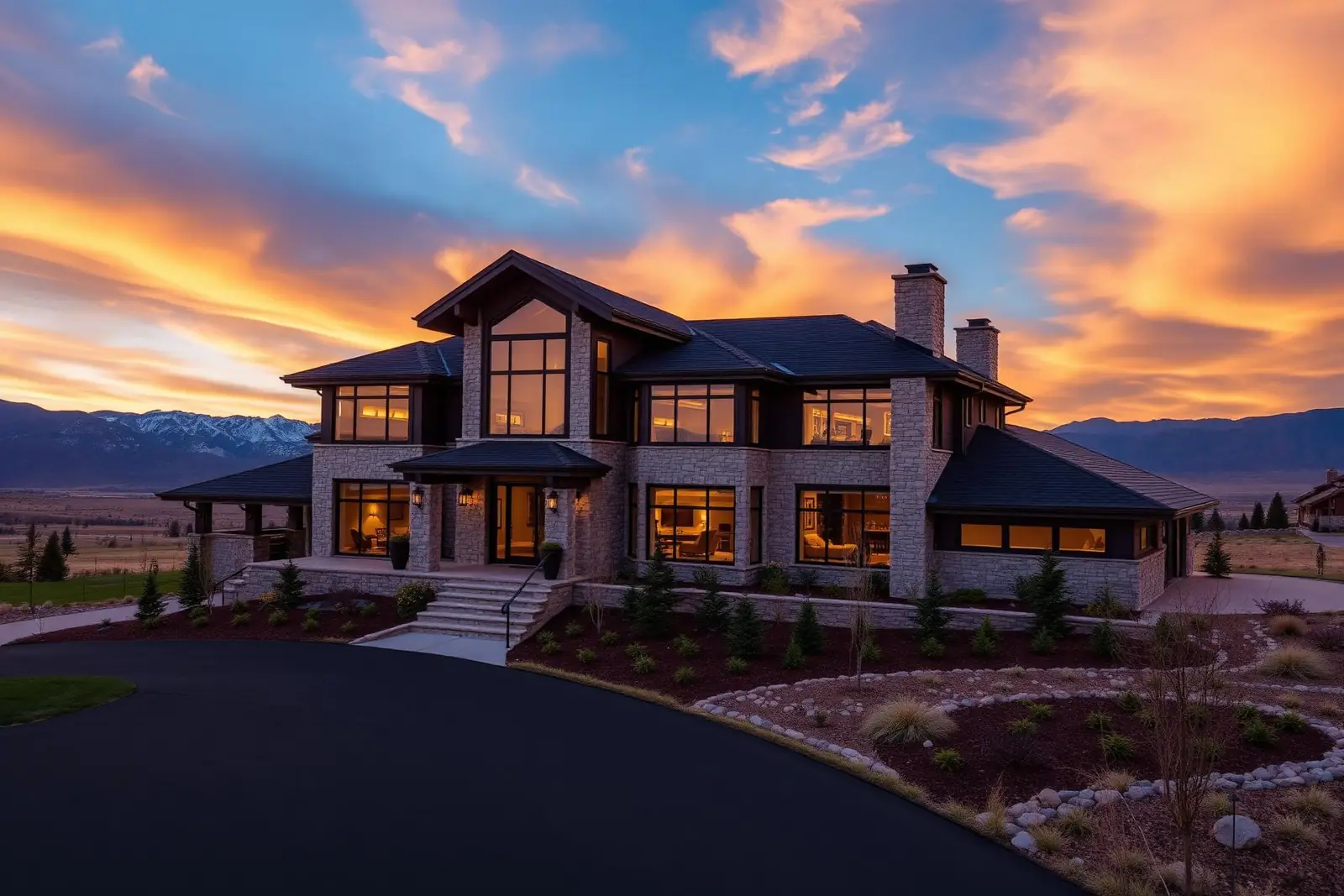 Luxury custom estate home in Highland Utah with panoramic mountain views at sunset