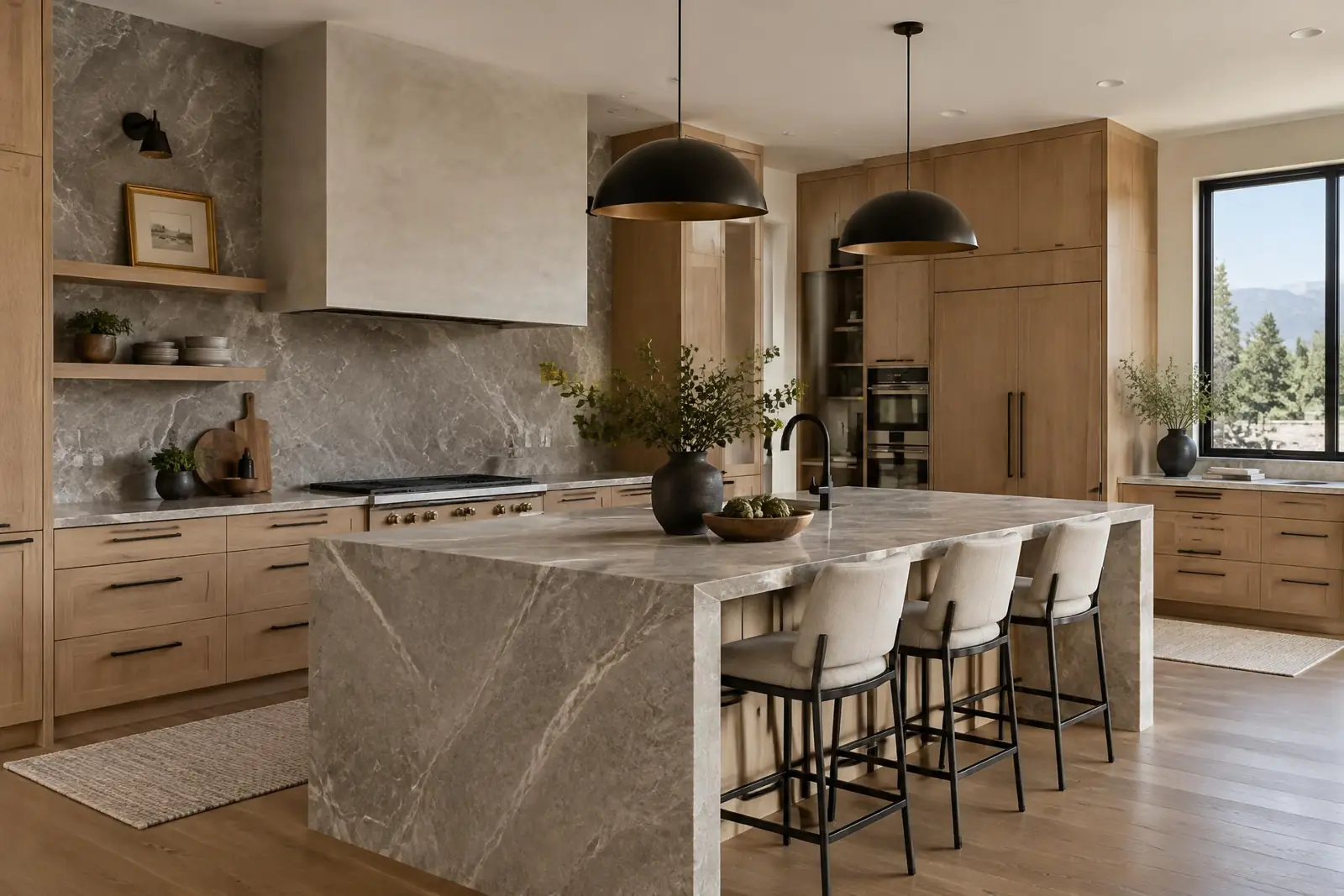Luxury custom kitchen remodel in a Salt Lake City home with natural stone island, custom cabinetry, and integrated lighting