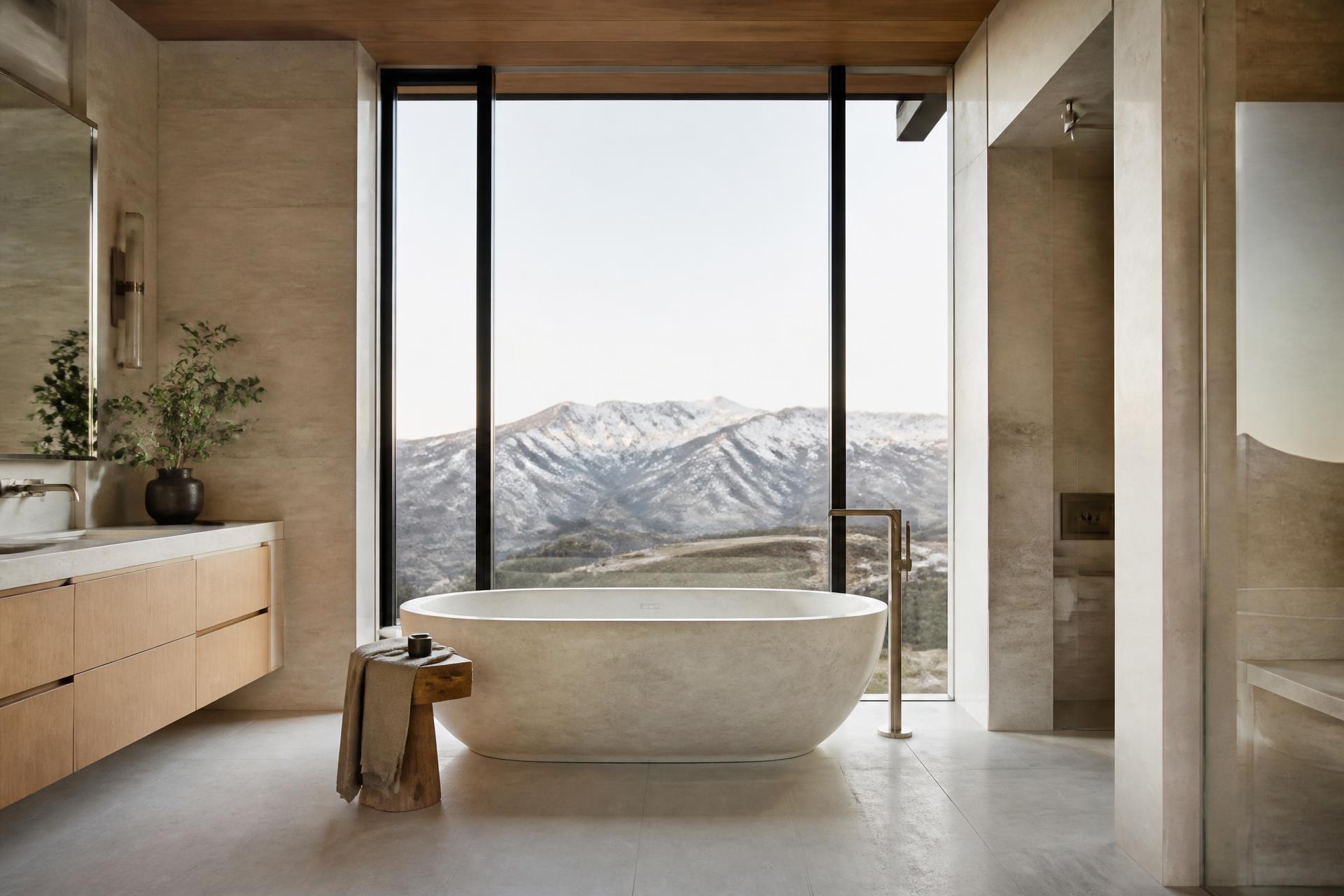 Renovated luxury primary suite spa bath in Utah with natural stone, freestanding tub, and Wasatch mountain view through floor-to-ceiling glazing
