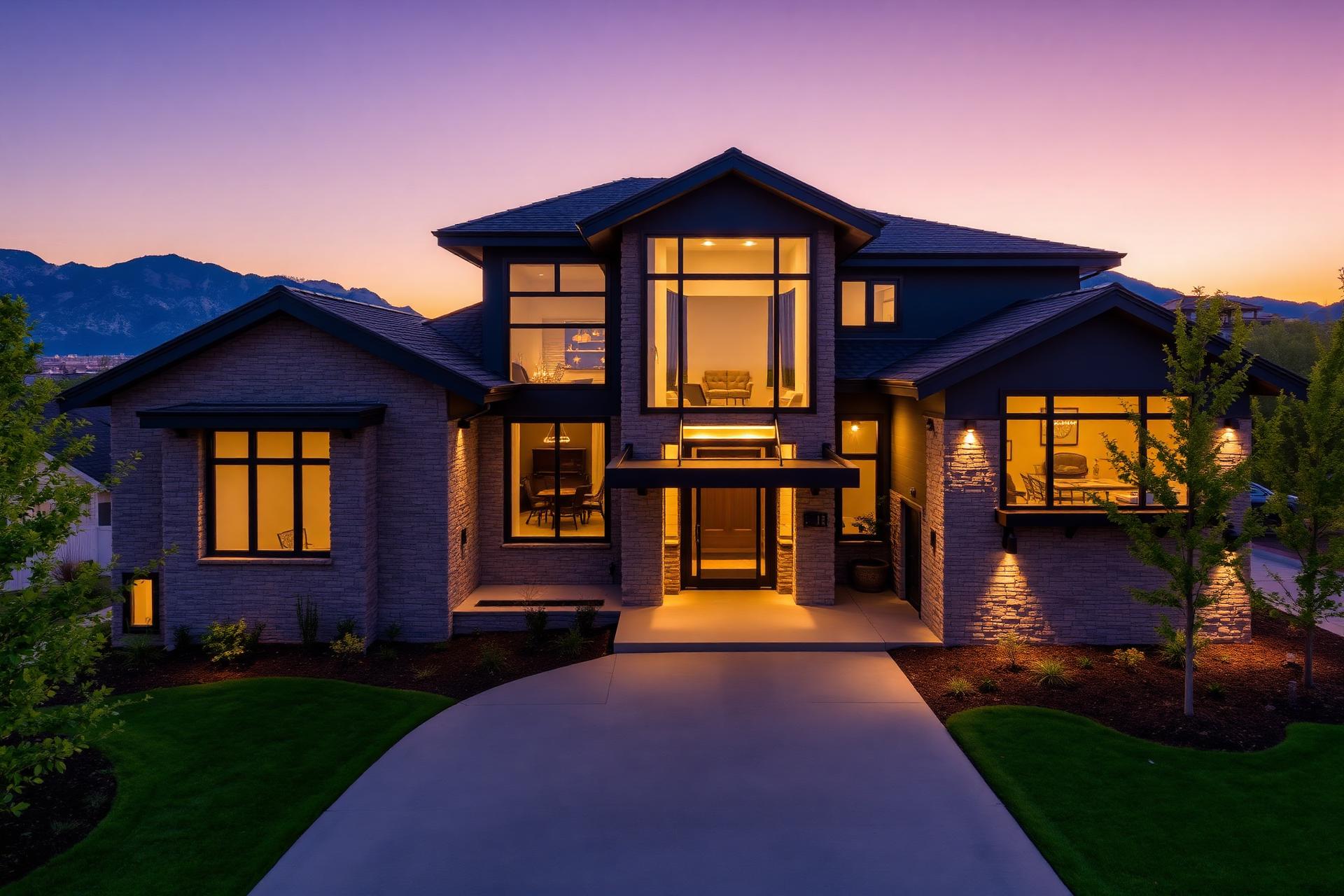 Modern custom home exterior in Salt Lake City at dusk with Wasatch Mountains