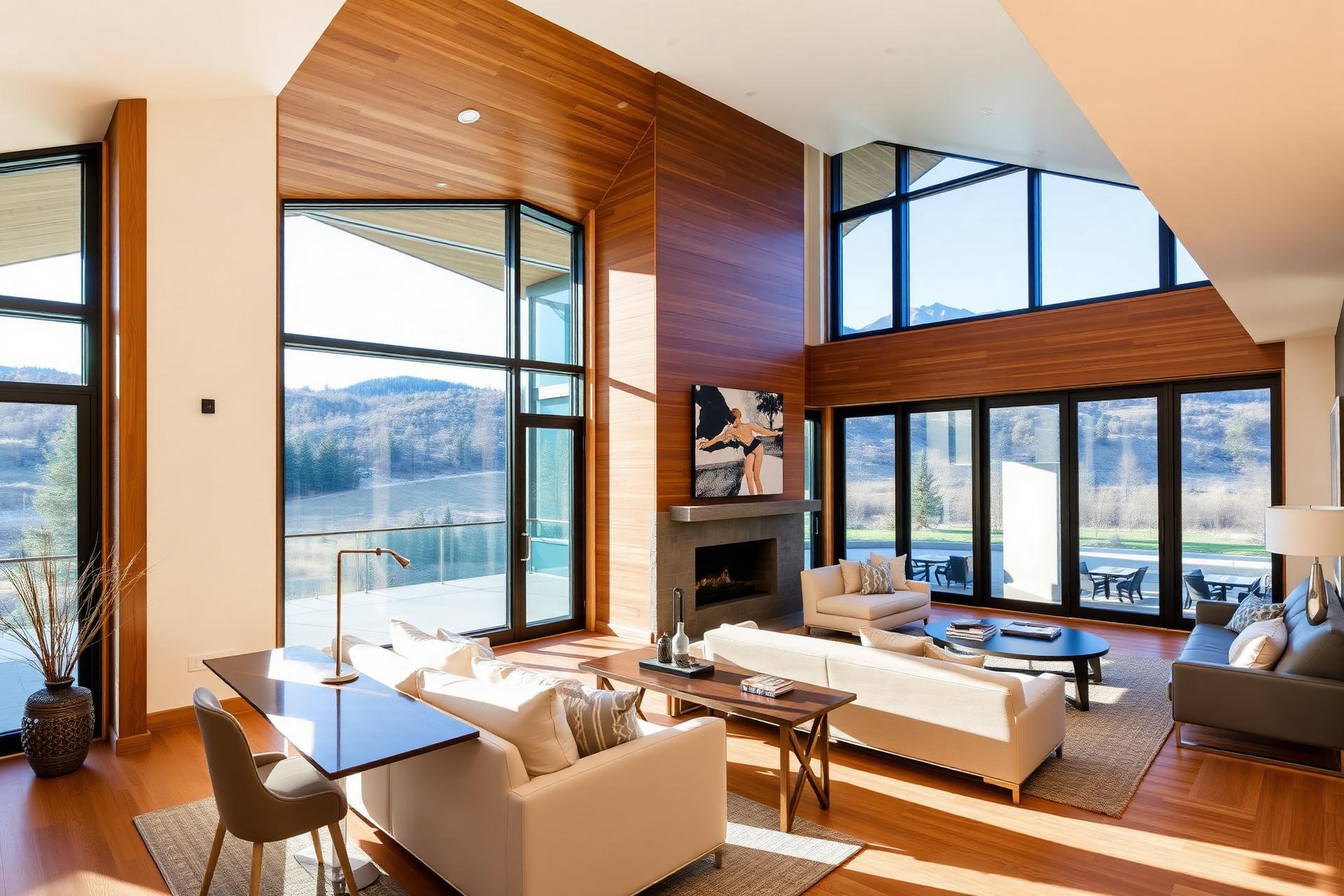 Elegant modern custom home interior in Salt Lake City with warm wood accents and mountain views