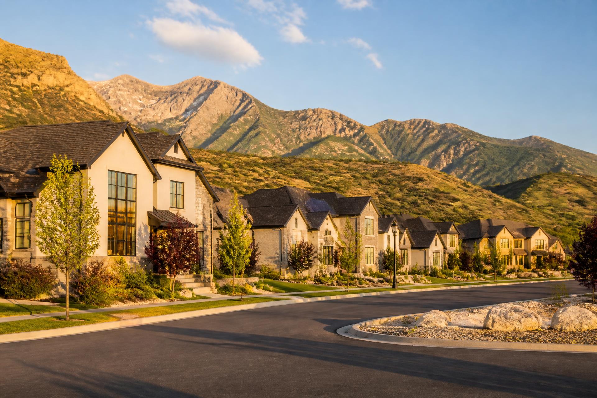 Upscale residential street of large homes in Sandy, Utah with the Wasatch mountains rising behind at golden hour