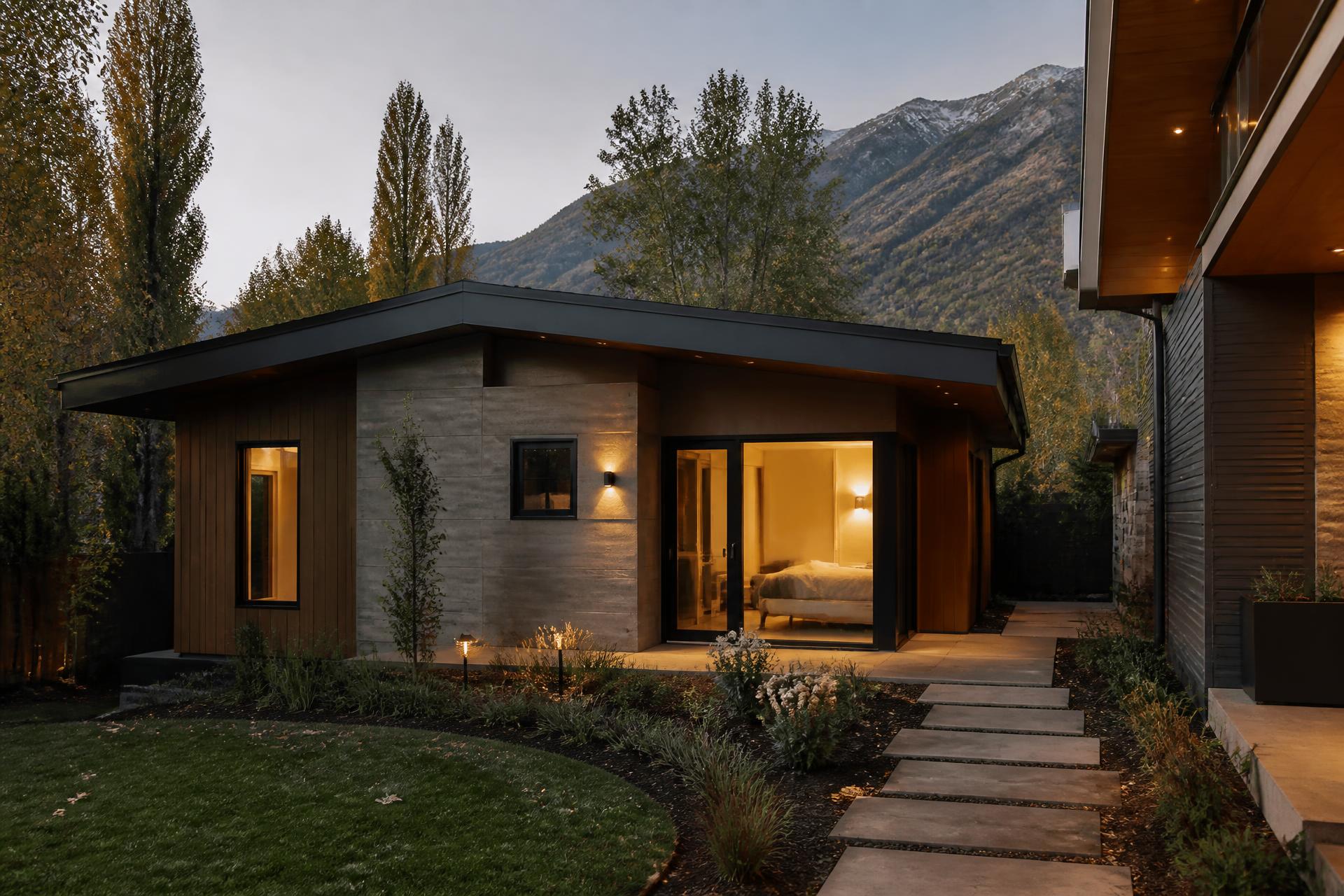Modern detached accessory dwelling unit behind a luxury Utah home at dusk with warm interior light and a landscaped courtyard