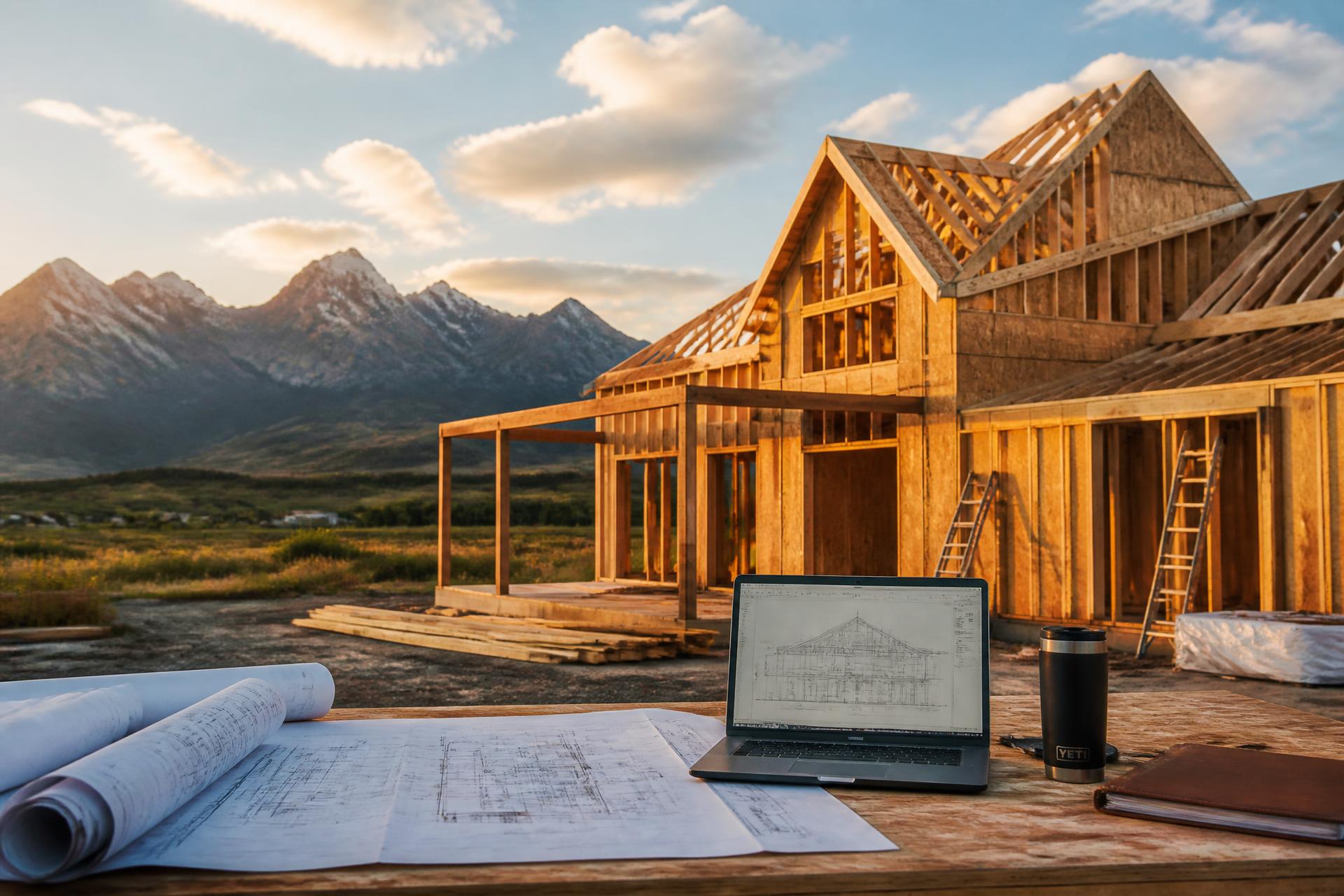 Luxury custom home under construction in Utah at golden hour with framed walls, trusses, and drawings on a site table