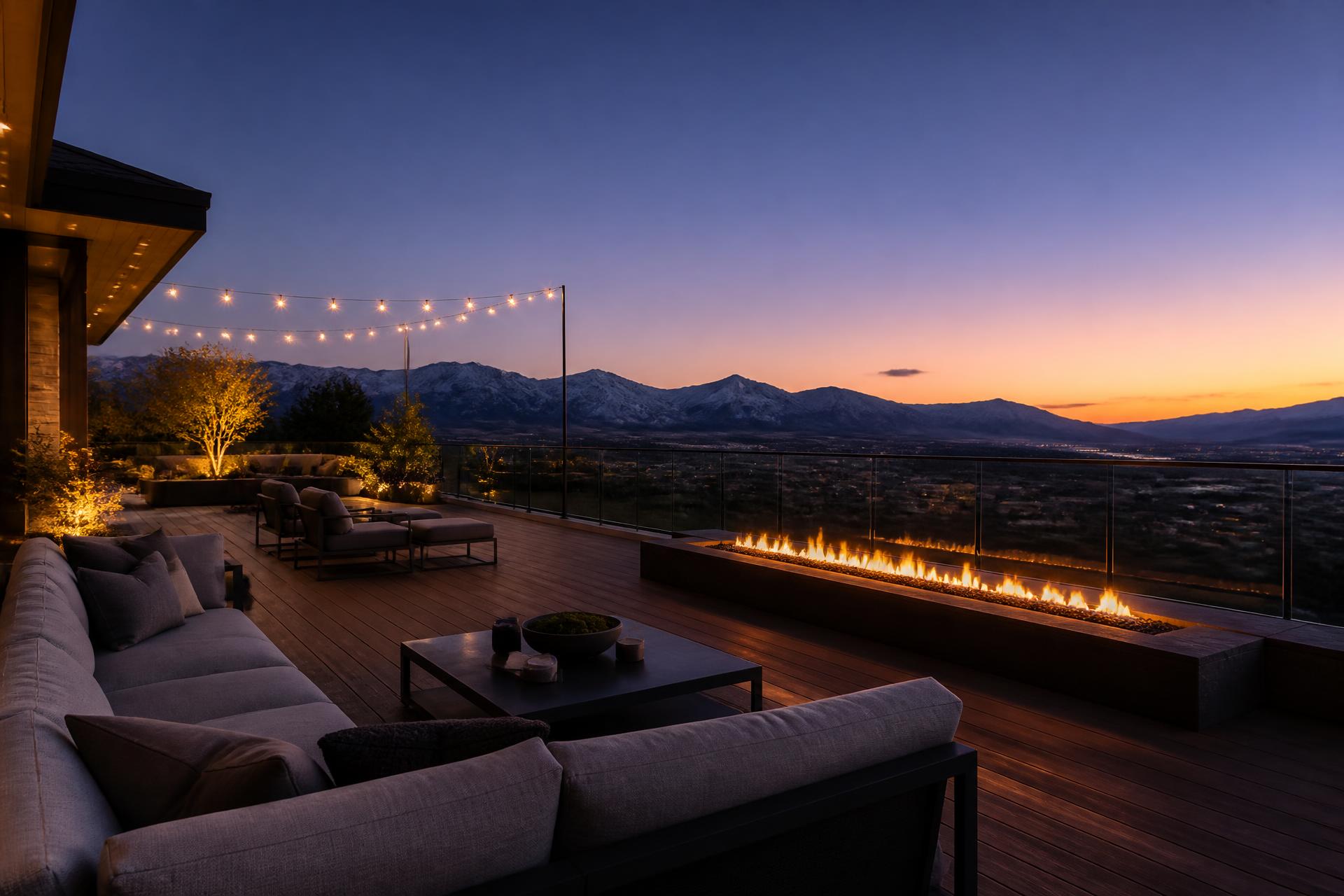 Luxury custom deck in Utah at twilight with linear fire feature, glass guardrail, and Wasatch mountain backdrop reading as an outdoor living room