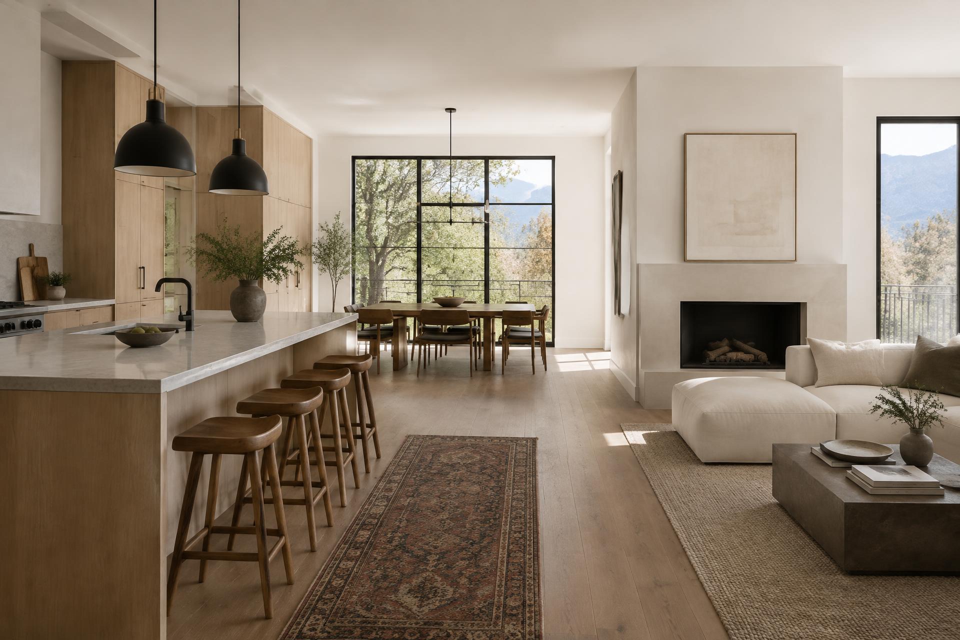 Fully renovated luxury living room in a Salt Lake City home with restored original windows and new architectural millwork